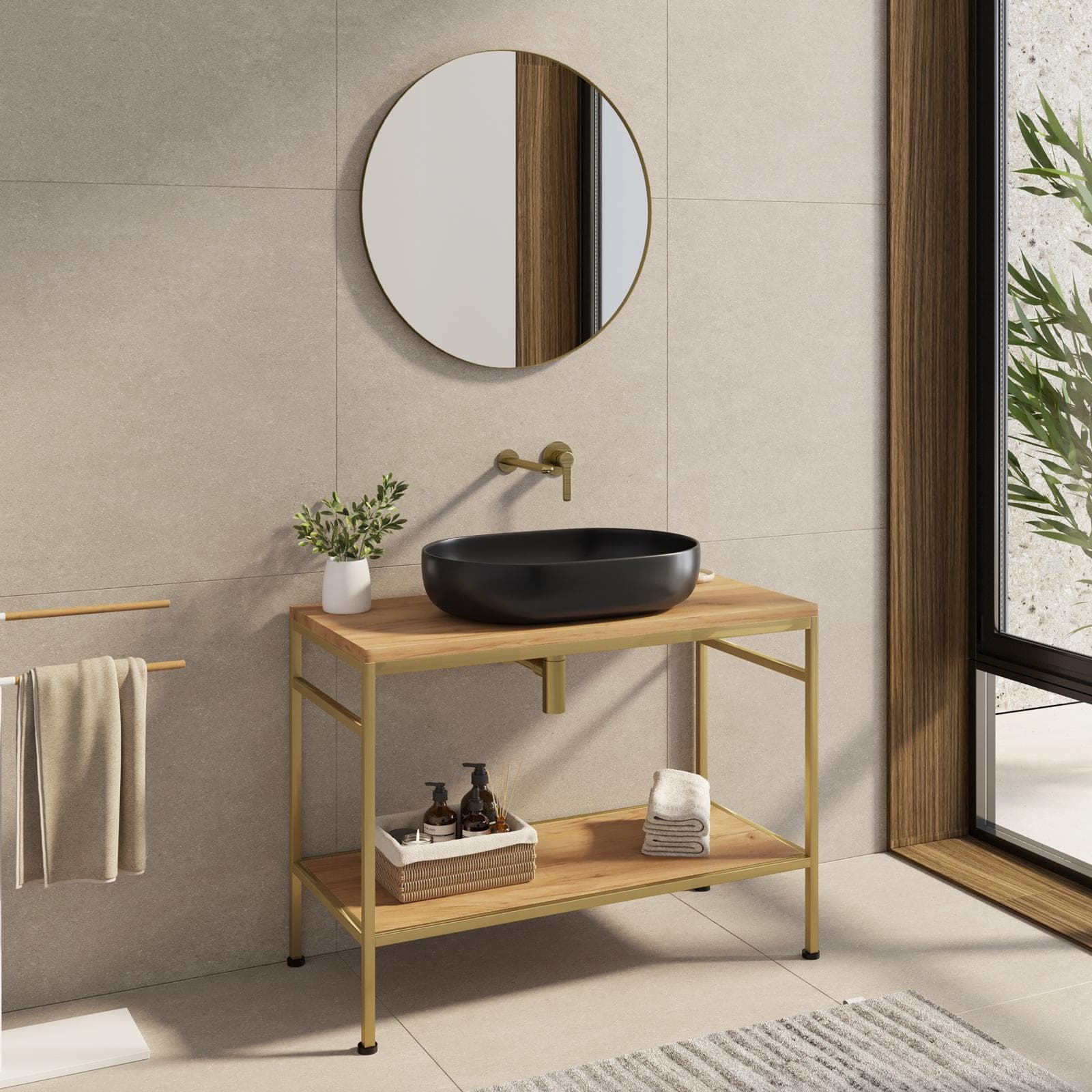 Mobile bagno a terra 100 cm portalavabo oro spazzolato e rovere con specchio - Axis