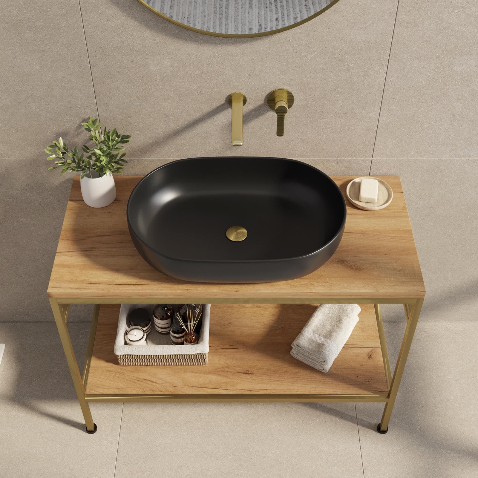 Mobile bagno a terra 100 cm portalavabo oro spazzolato e rovere con specchio - Axis