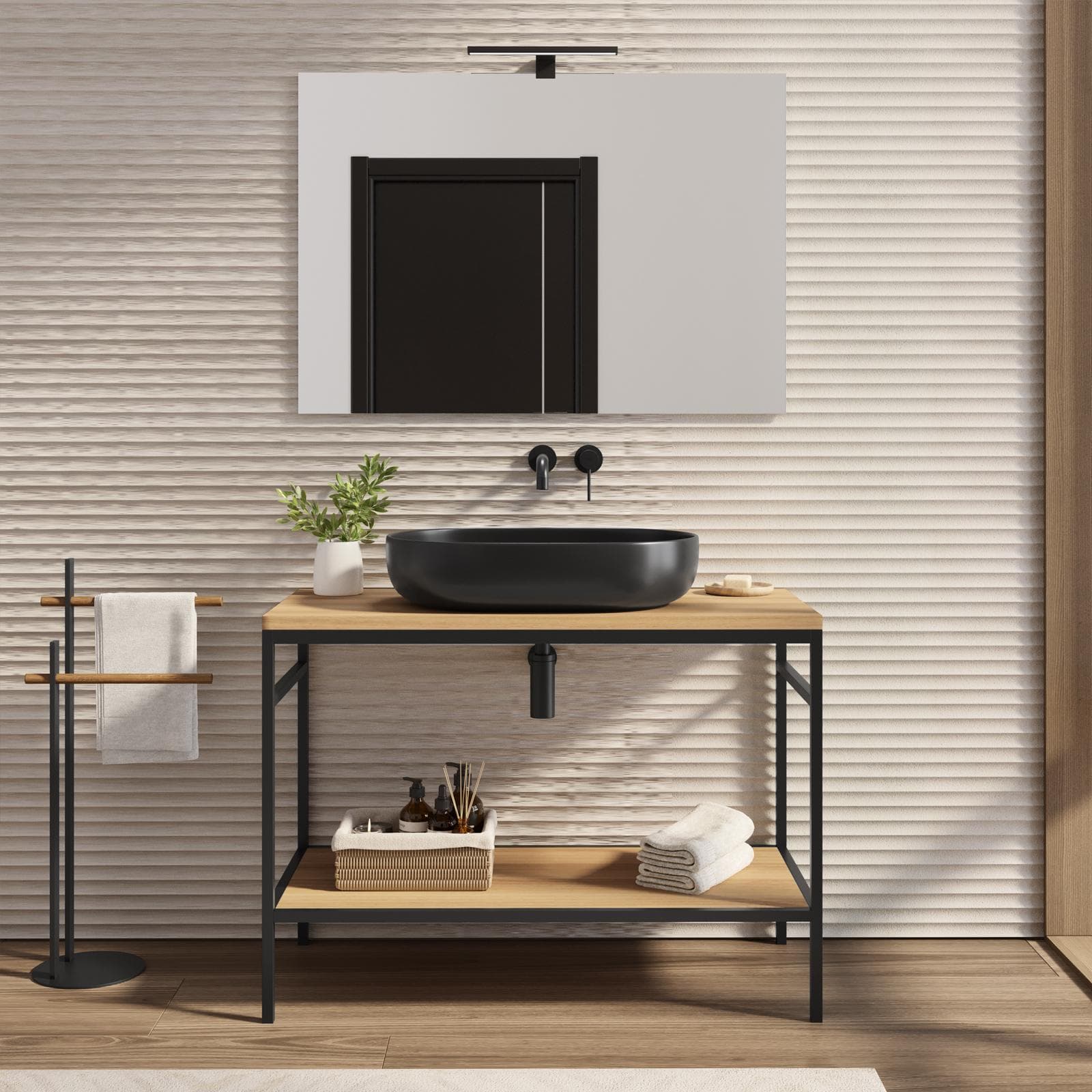 Mobile bagno a terra 100 cm portalavabo nero e rovere con specchio - Axis