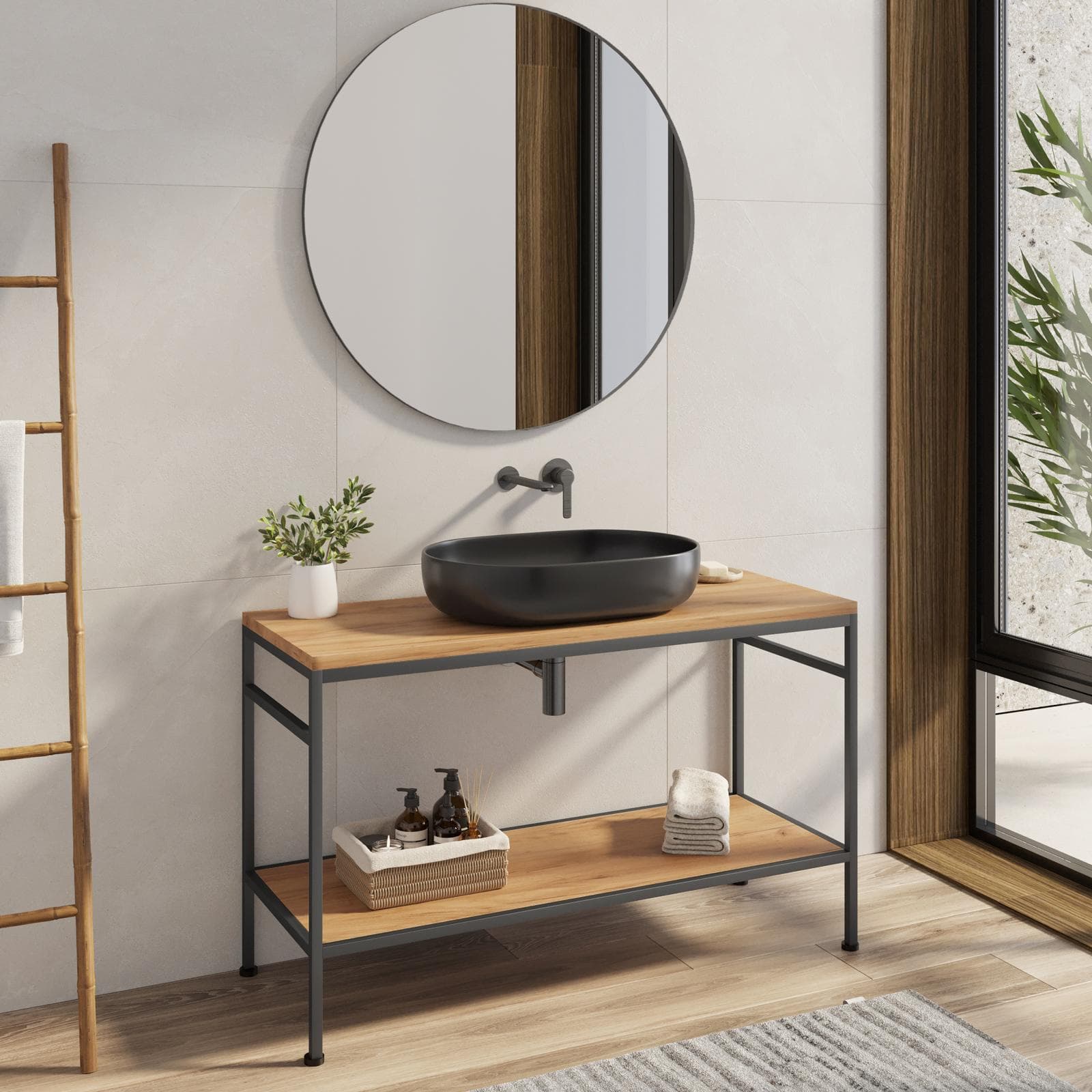 Mobile bagno a terra 120 cm portalavabo nero spazzolato e rovere con specchio - Axis