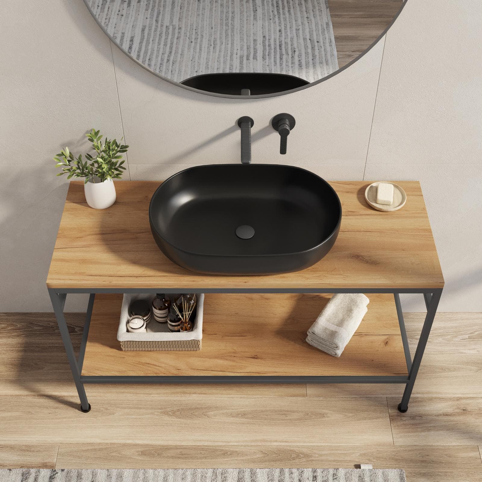 Mobile bagno a terra 120 cm portalavabo nero spazzolato e rovere con specchio - Axis
