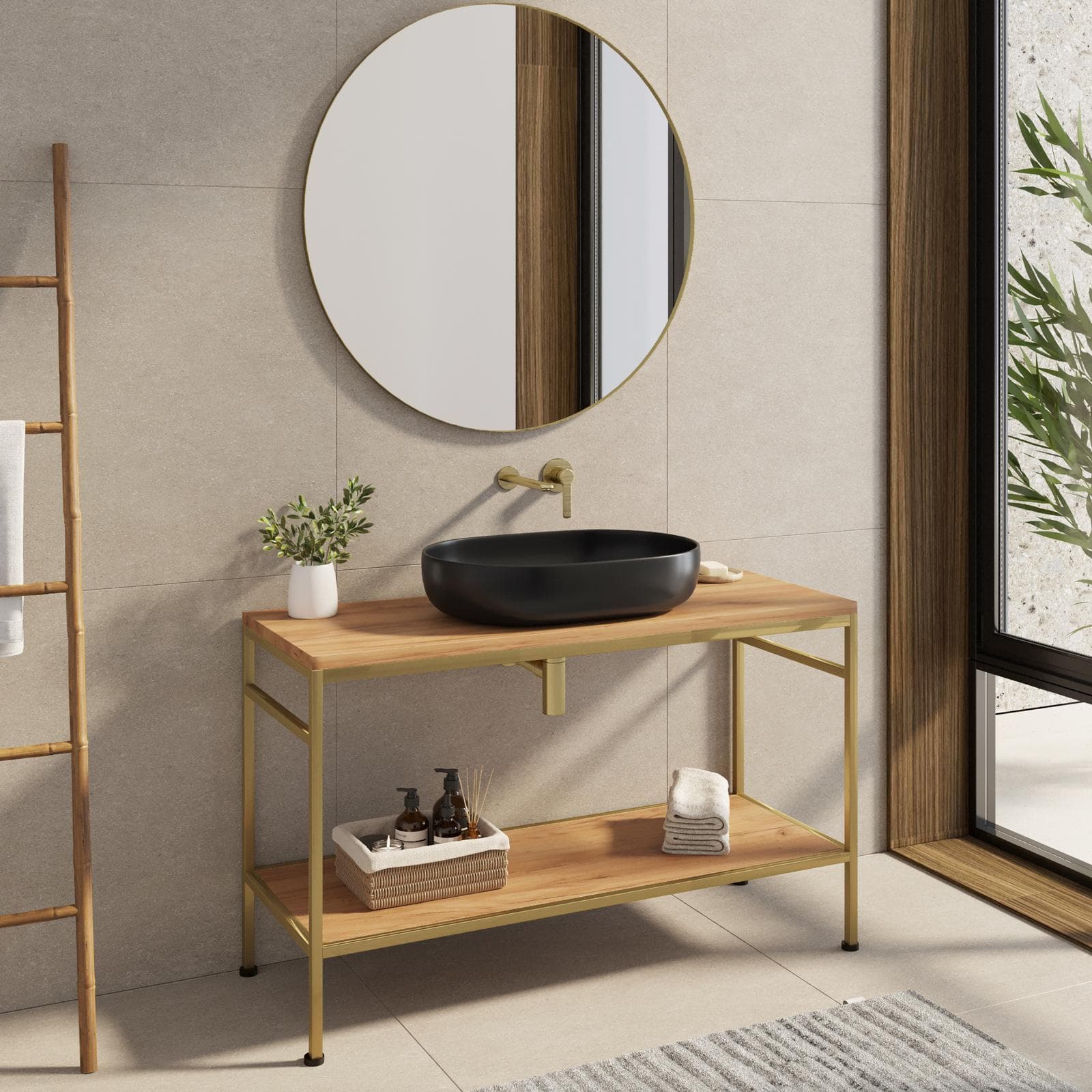 Mobile bagno a terra 120 cm portalavabo oro spazzolato e rovere con specchio - Axis