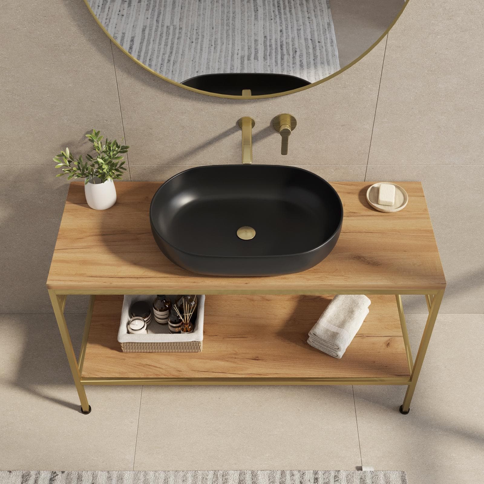 Mobile bagno a terra 120 cm portalavabo oro spazzolato e rovere con specchio - Axis