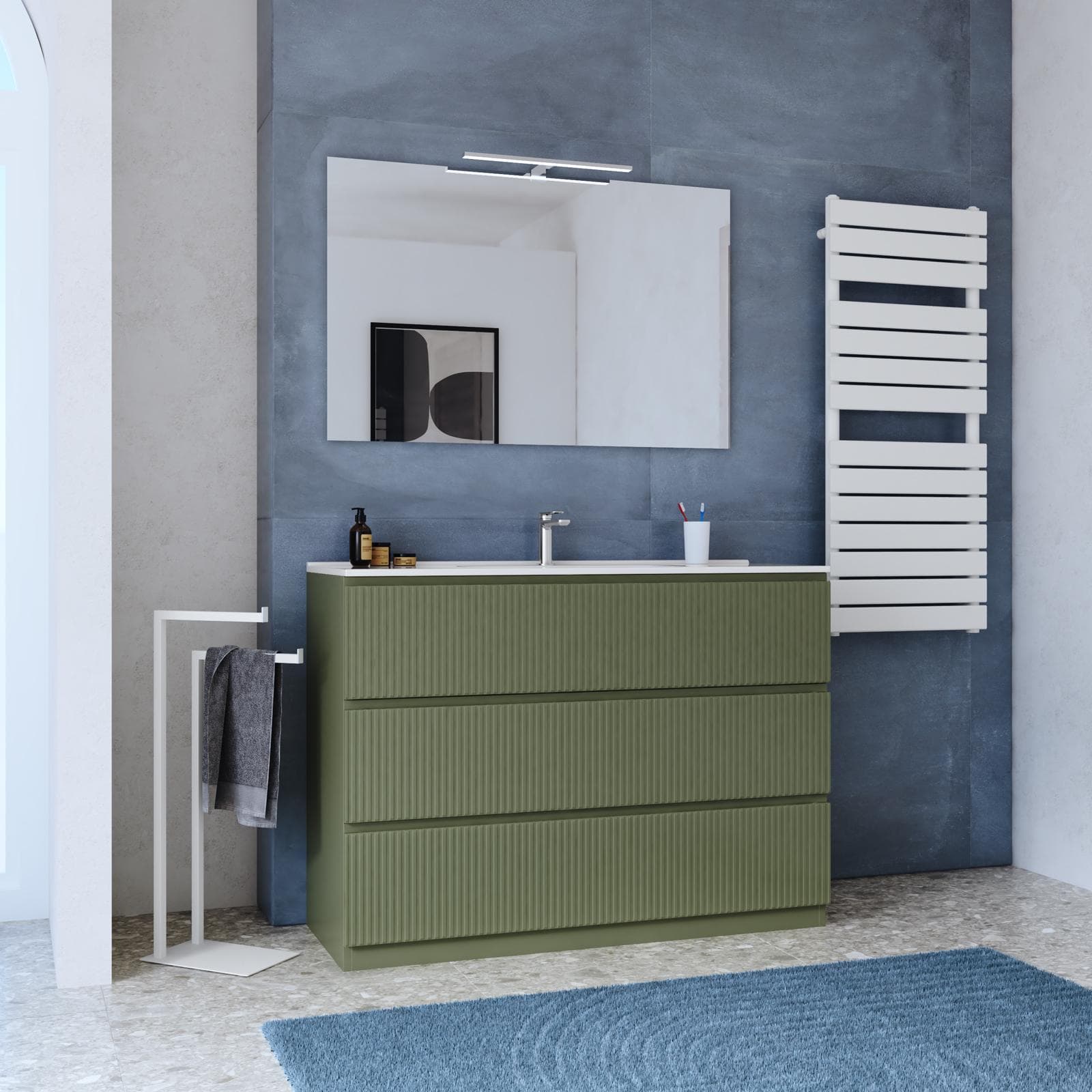 Mobile bagno a terra 120 cm 3 cassetti verde nordico cannettato con lavabo e specchio - Calen Plus