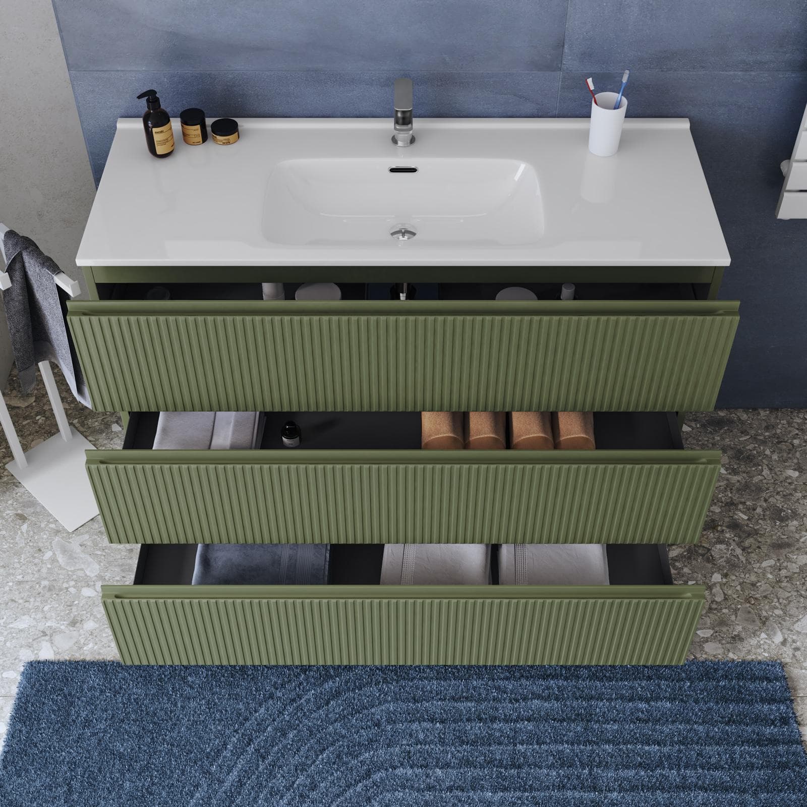 Mobile bagno a terra 120 cm 3 cassetti verde nordico cannettato con lavabo e specchio - Calen Plus