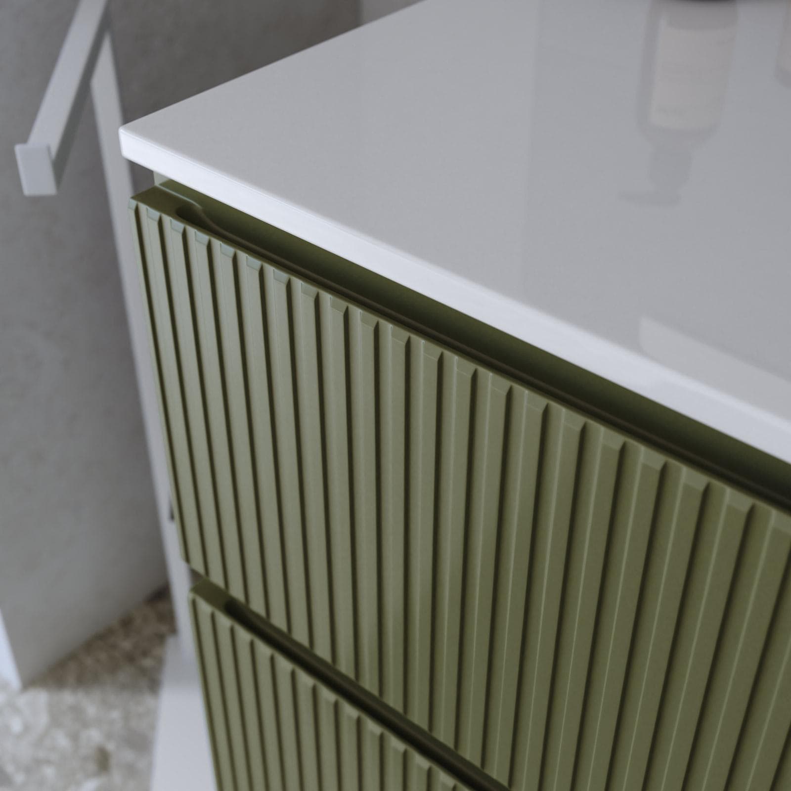 Mobile bagno a terra 120 cm 3 cassetti verde nordico cannettato con lavabo e specchio - Calen Plus