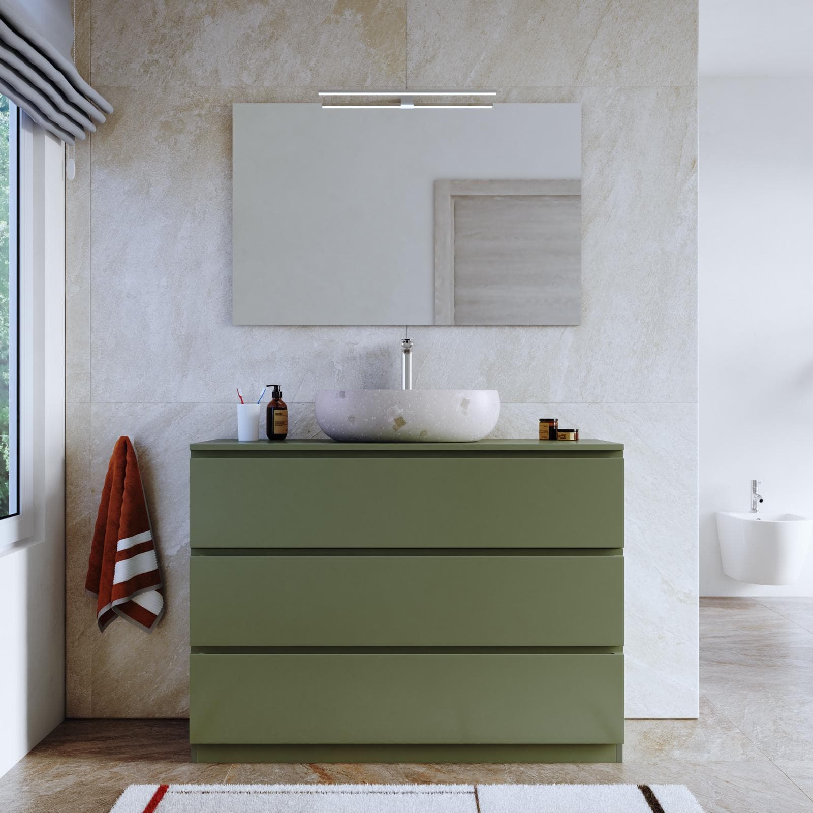 Mobile bagno a terra 120 cm 3 cassetti verde nordico con top e specchio - Calen
