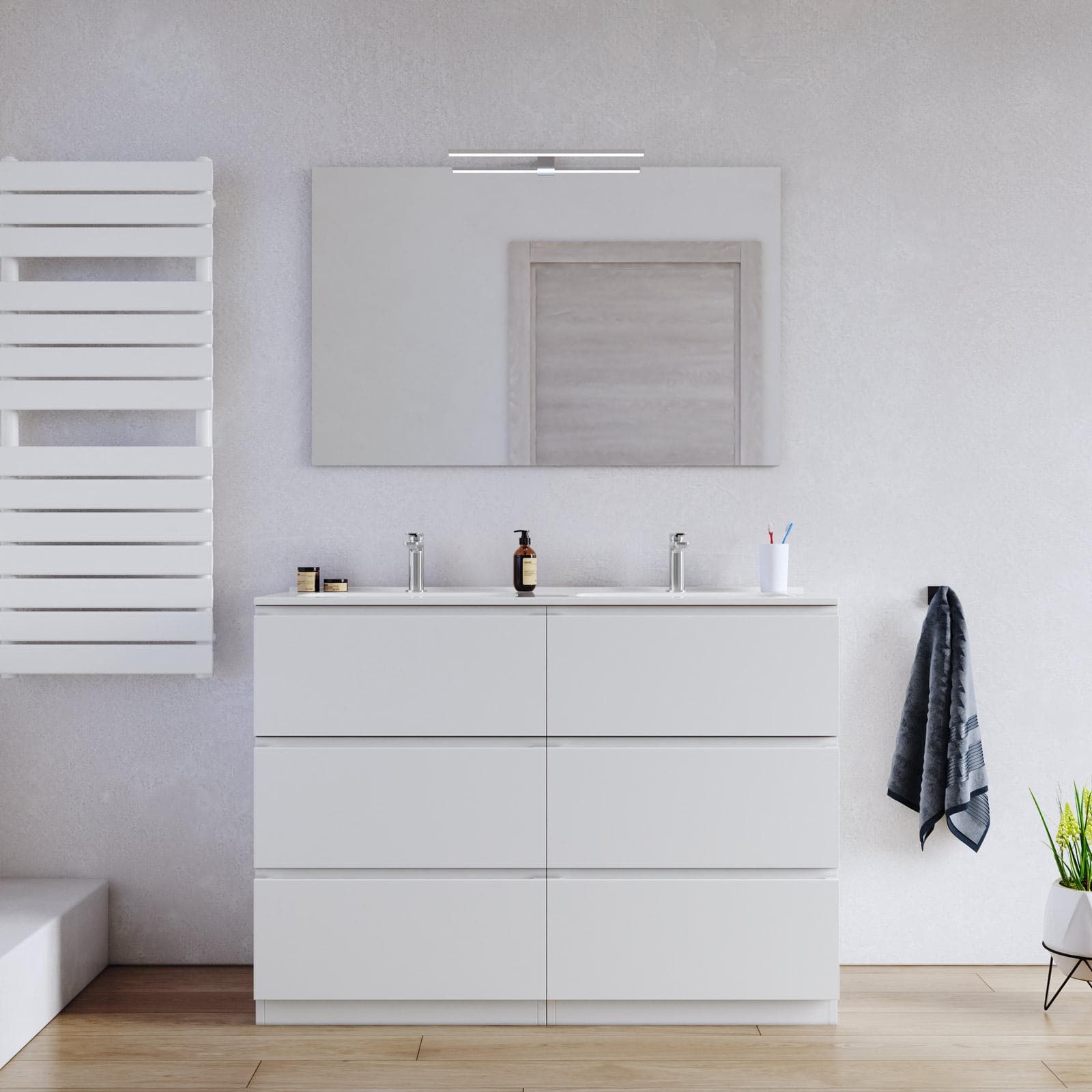 Mobile bagno a terra 120 cm 6 cassetti bianco opaco con lavabo e specchio - Calen