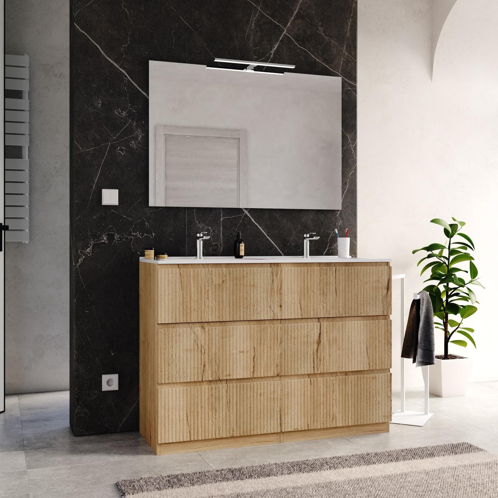 Mobile bagno a terra 120 cm 6 cassetti rovere acero cannettato con lavabo e specchio - Calen Plus