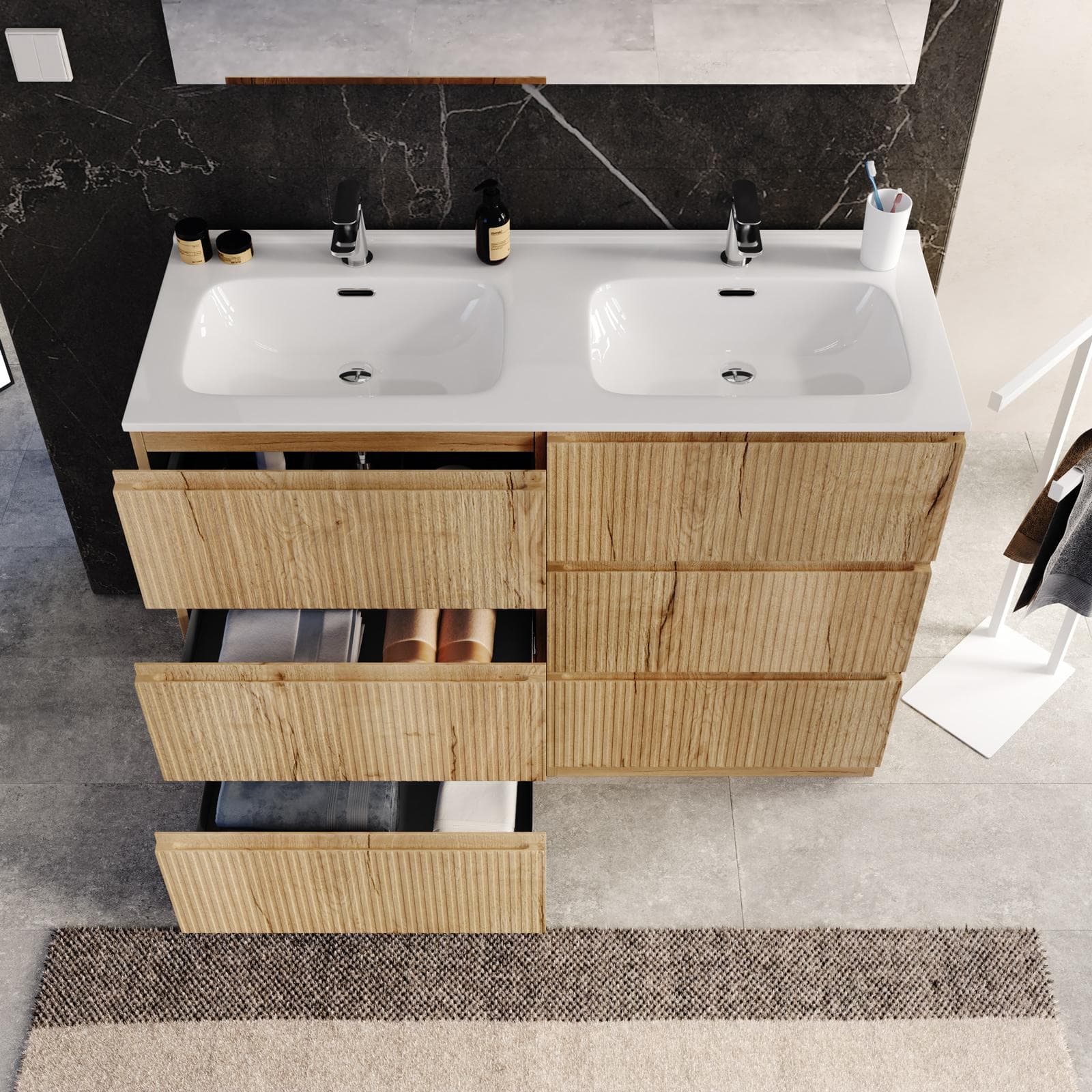 Mobile bagno a terra 120 cm 6 cassetti rovere acero cannettato con lavabo e specchio - Calen Plus