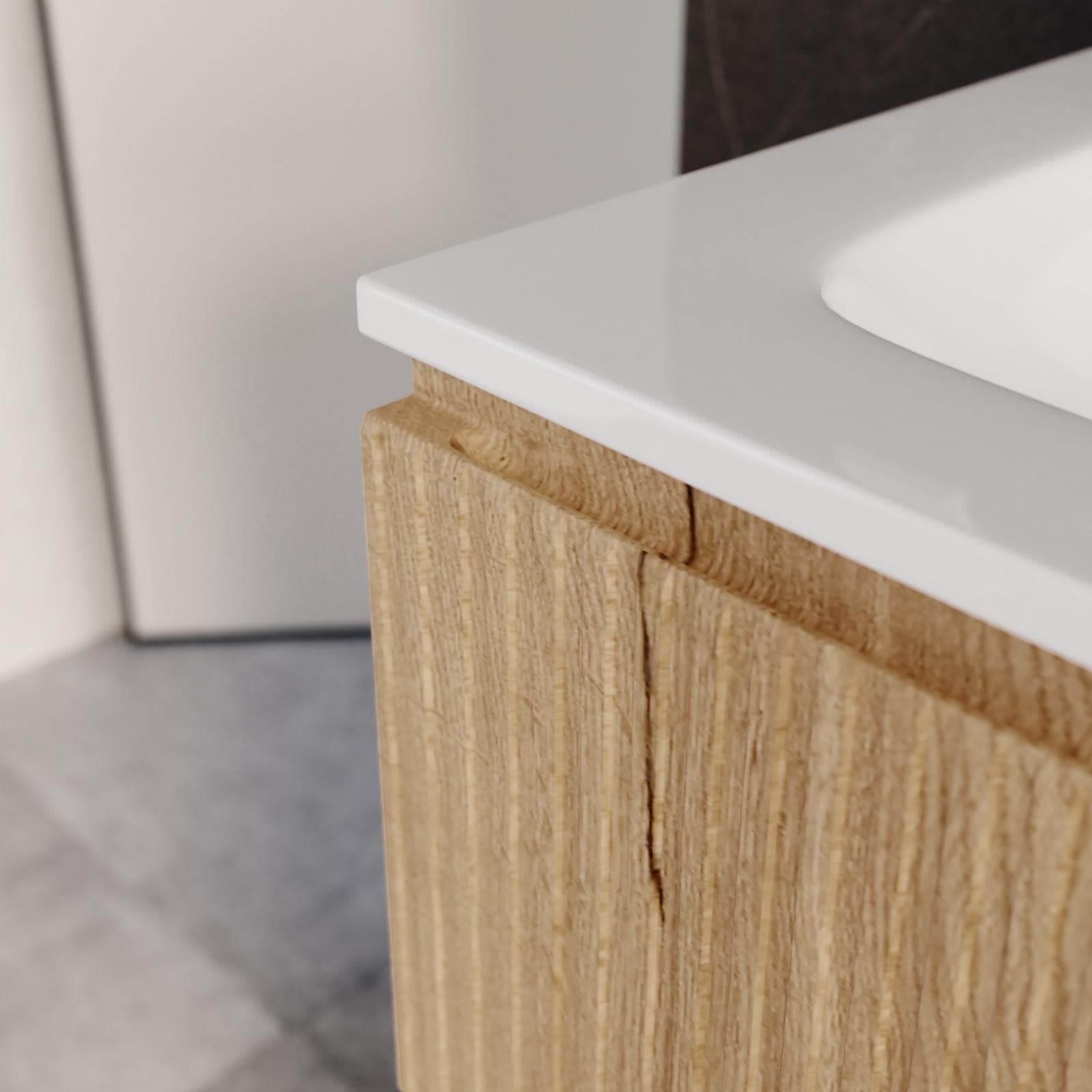 Mobile bagno a terra 120 cm 6 cassetti rovere acero cannettato con lavabo e specchio - Calen Plus