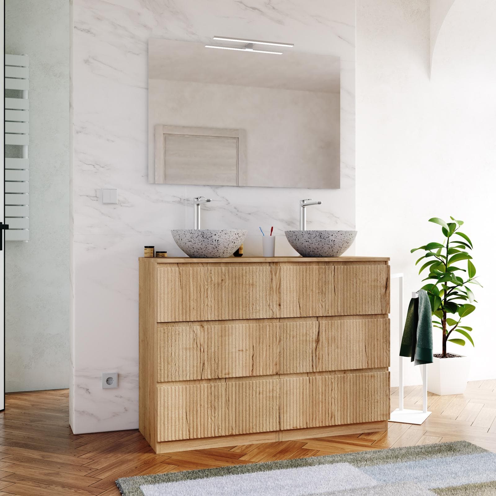 Mobile bagno a terra 120 cm 6 cassetti rovere acero cannettato con top e specchio - Calen Plus