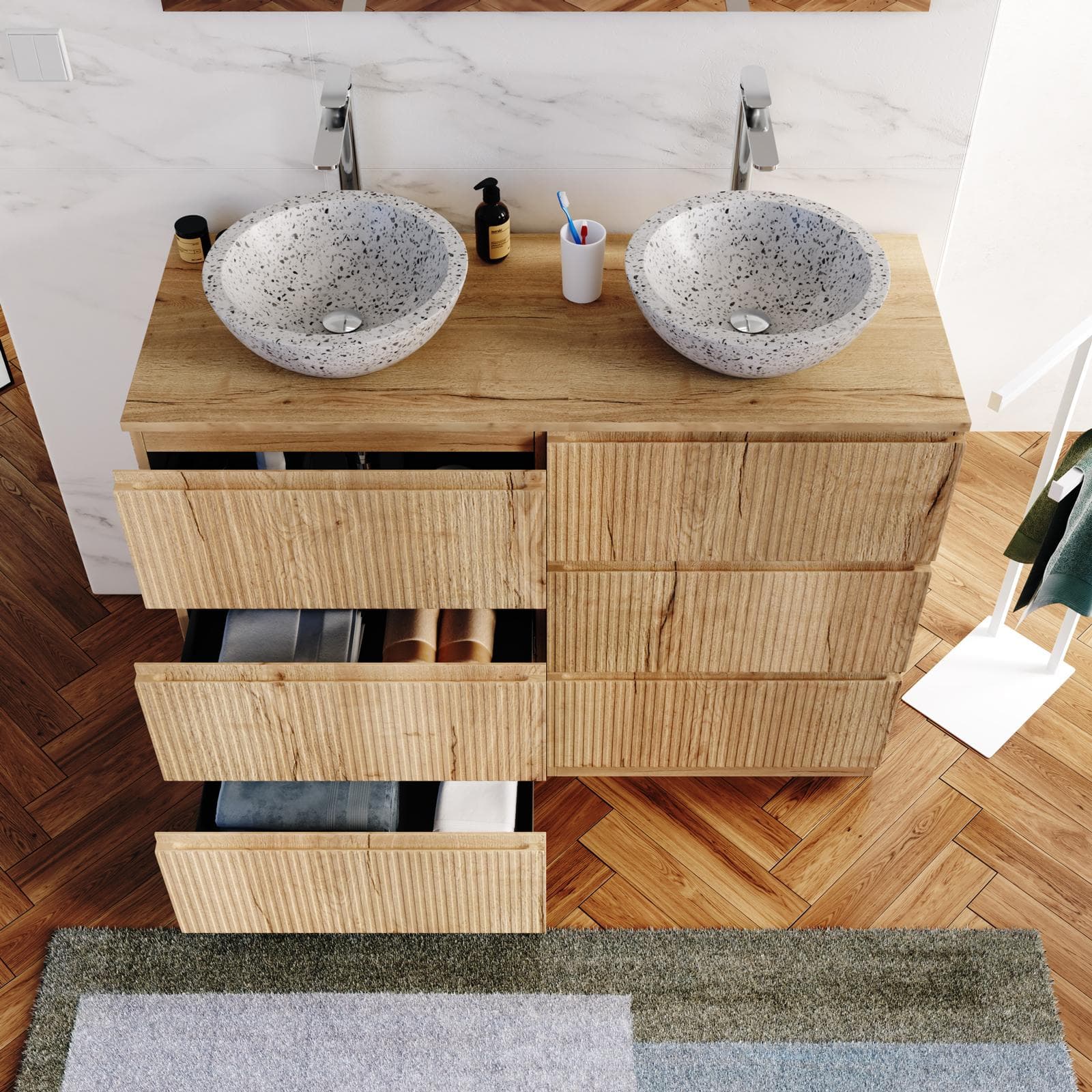 Mobile bagno a terra 120 cm 6 cassetti rovere acero cannettato con top e specchio - Calen Plus