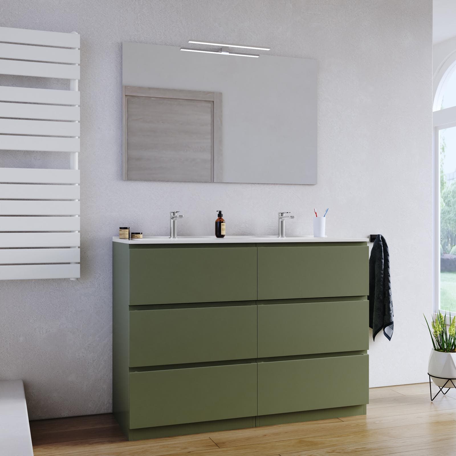 Mobile bagno a terra 120 cm 6 cassetti verde nordico con lavabo e specchio - Calen