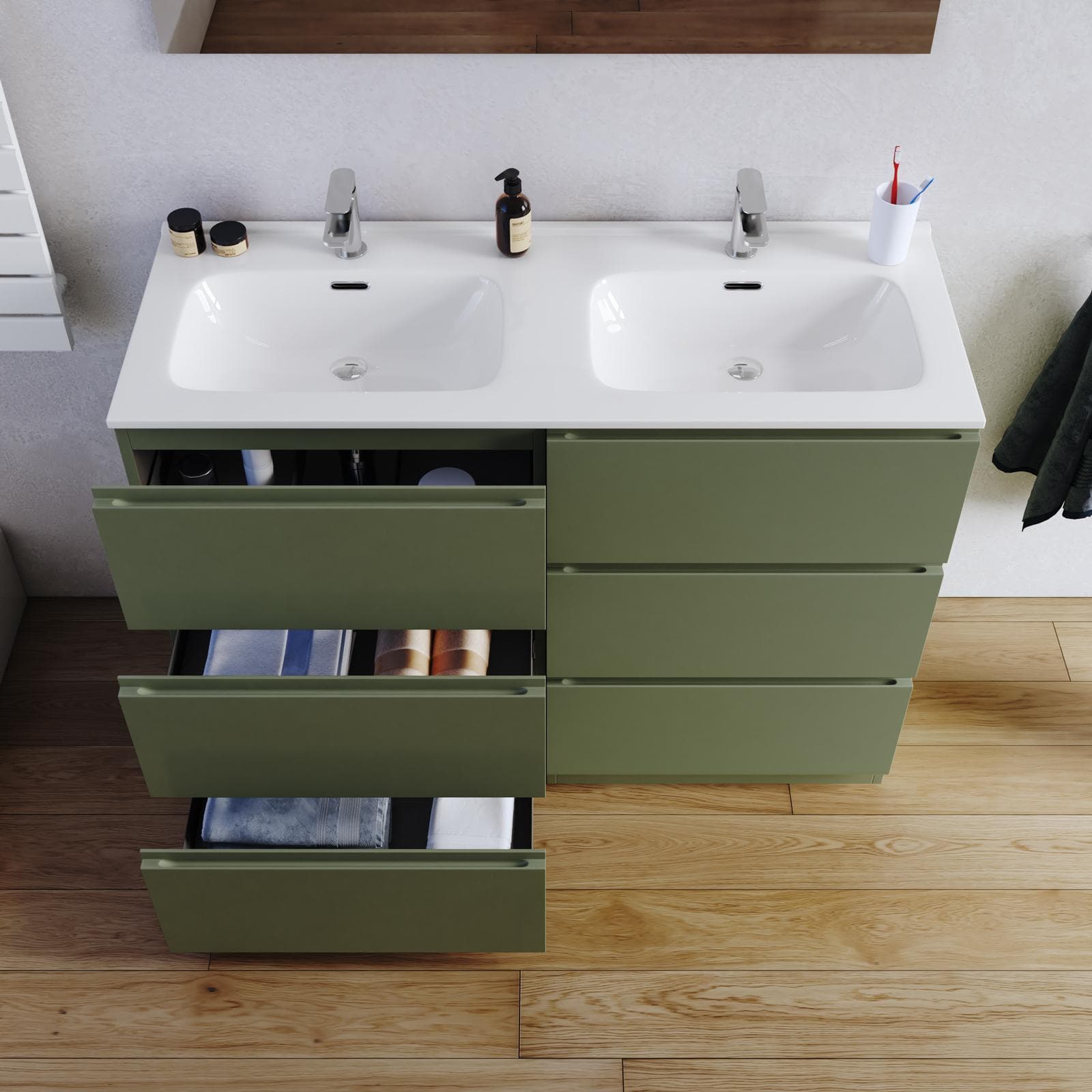 Mobile bagno a terra 120 cm 6 cassetti verde nordico con lavabo e specchio - Calen