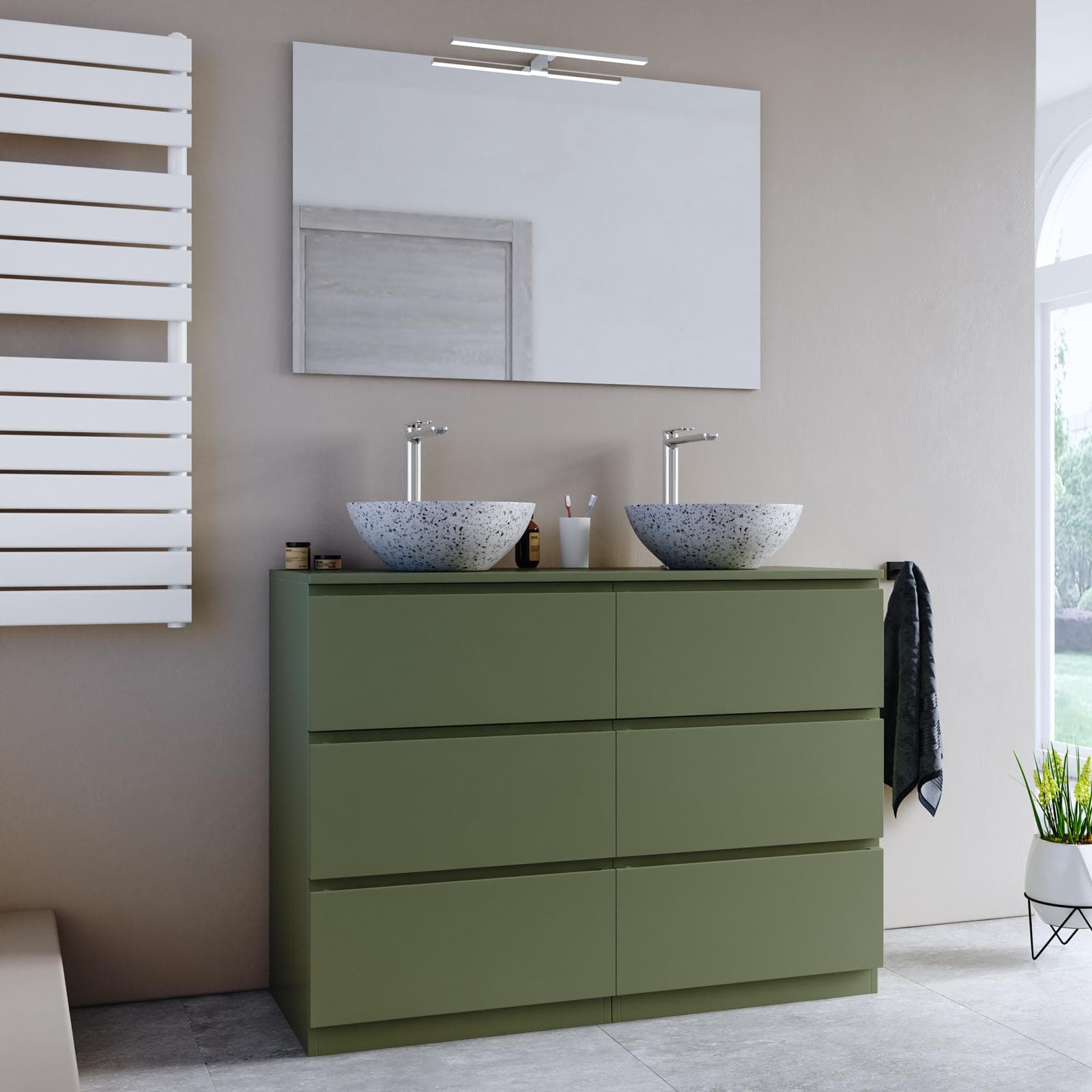 Mobile bagno a terra 120 cm 6 cassetti verde nordico con top e specchio - Calen
