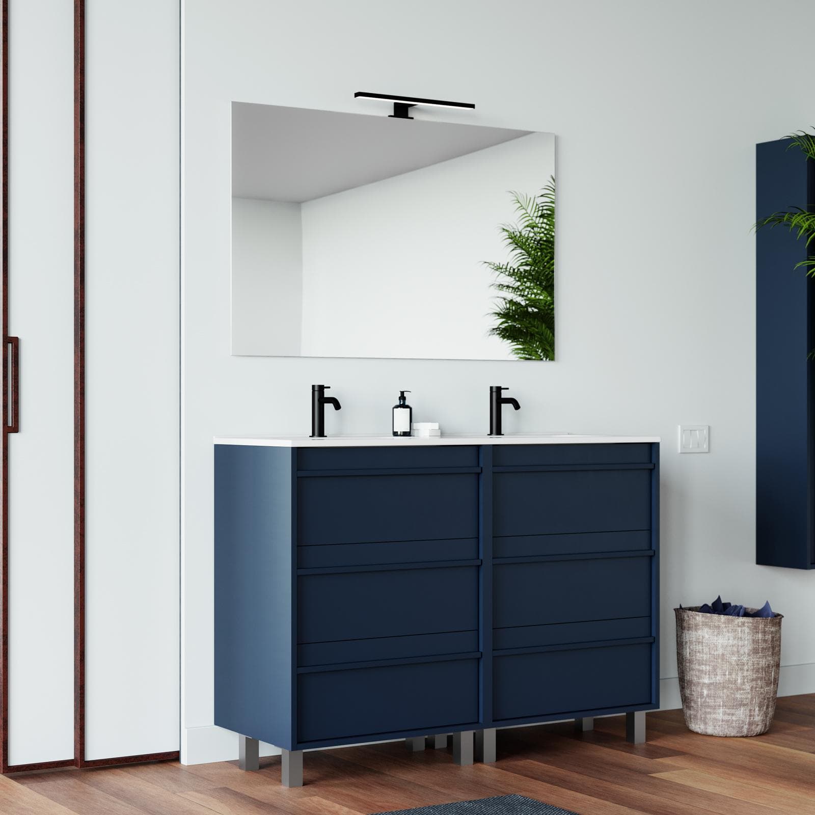 Mobile bagno a terra 120 cm blu satinato con lavabo doppio e specchio - Maestro