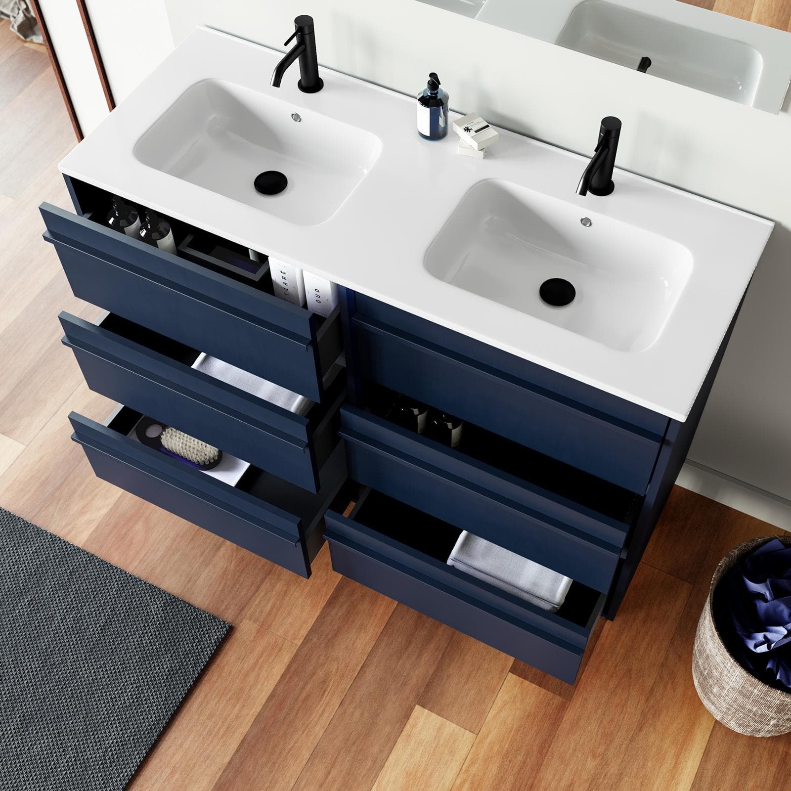 Mobile bagno a terra 120 cm blu satinato con lavabo doppio e specchio - Maestro