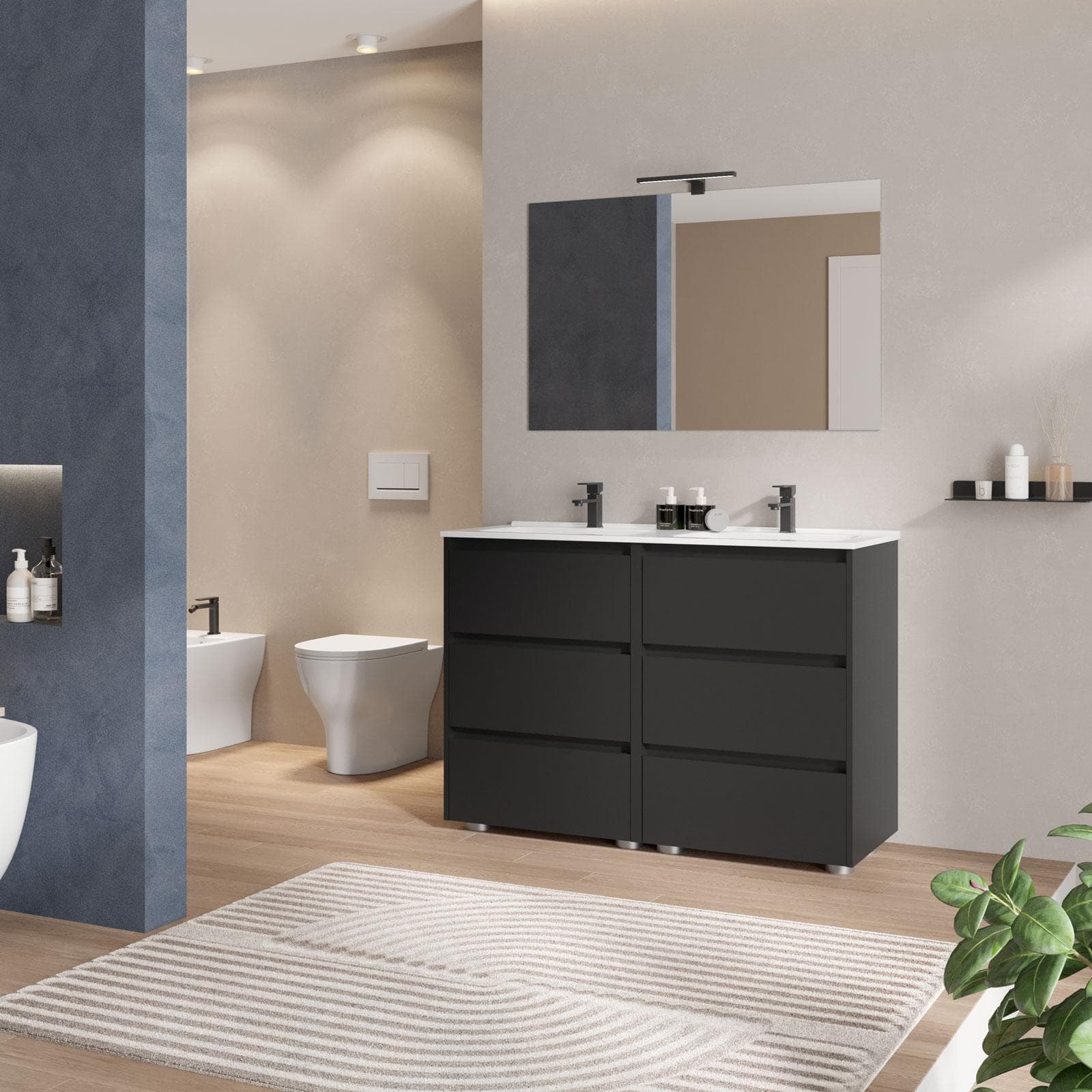 Mobile bagno a terra 120 cm con tre cassetti nero satinato con lavabo doppio e specchio - Libras