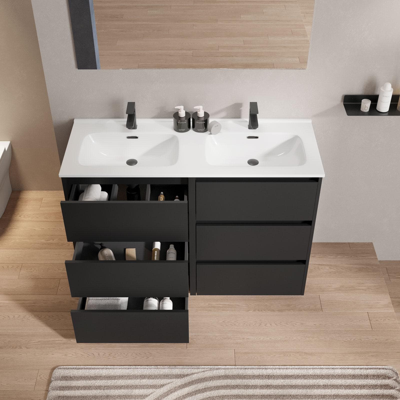 Mobile bagno a terra 120 cm con tre cassetti nero satinato con lavabo doppio e specchio - Libras