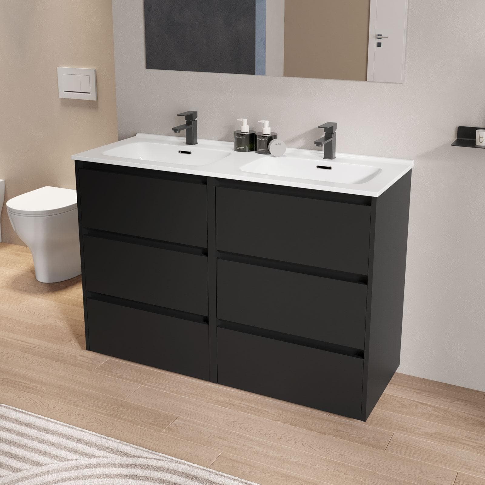 Mobile bagno a terra 120 cm con tre cassetti nero satinato con lavabo doppio e specchio - Libras