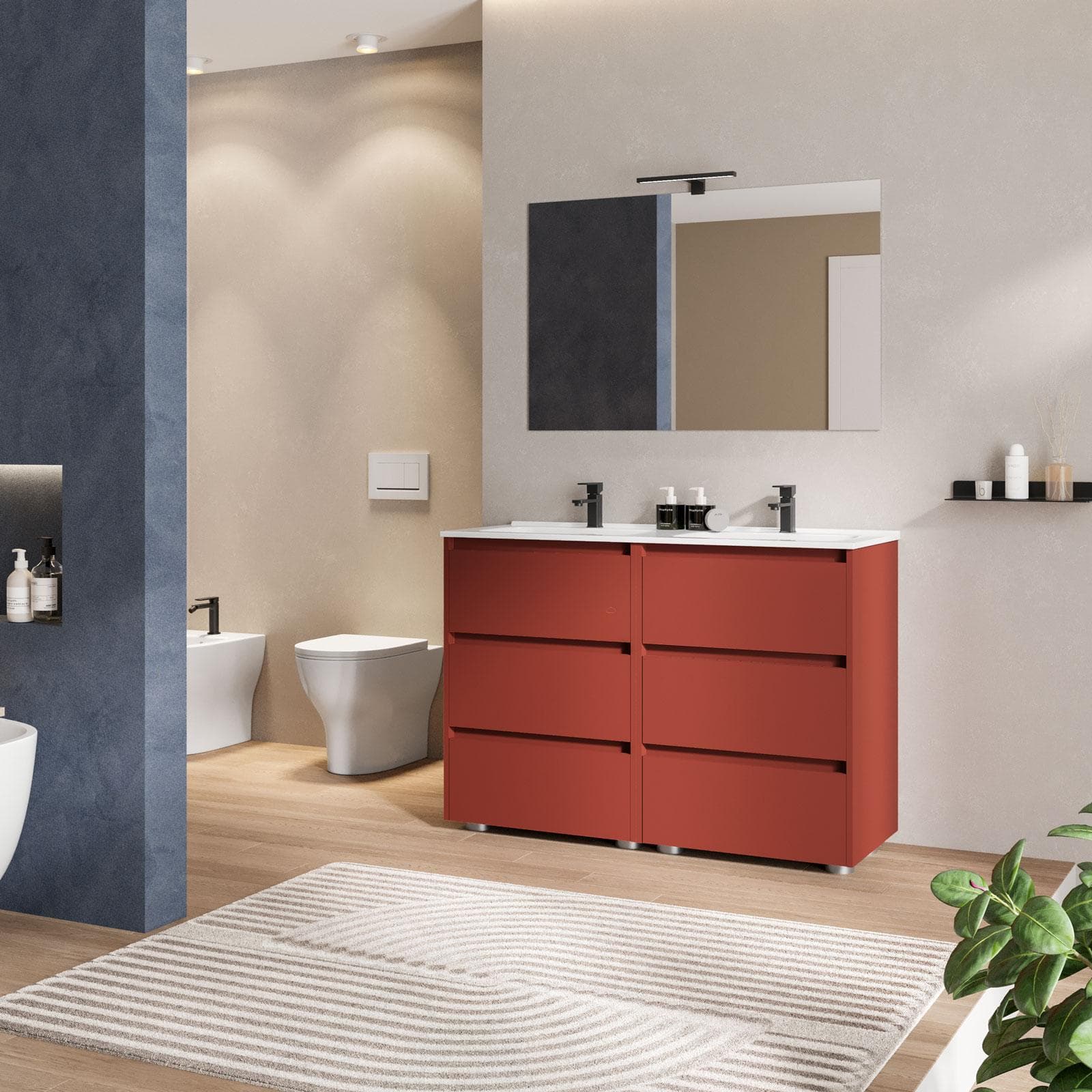 Mobile bagno a terra 120 cm con tre cassetti red satinato con lavabo doppio e specchio - Libras