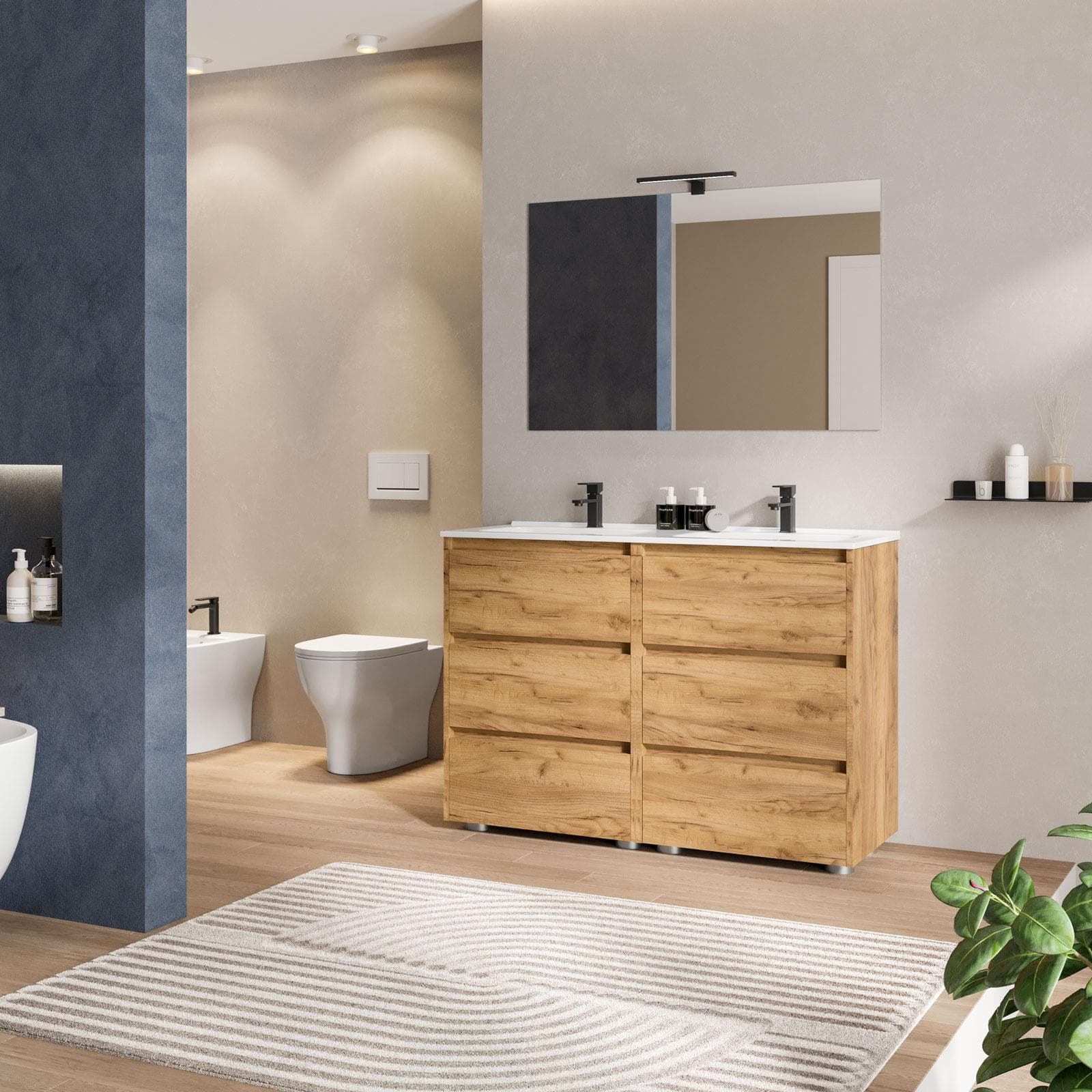 Mobile bagno a terra 120 cm con tre cassetti rovere africa con lavabo doppio e specchio - Libras