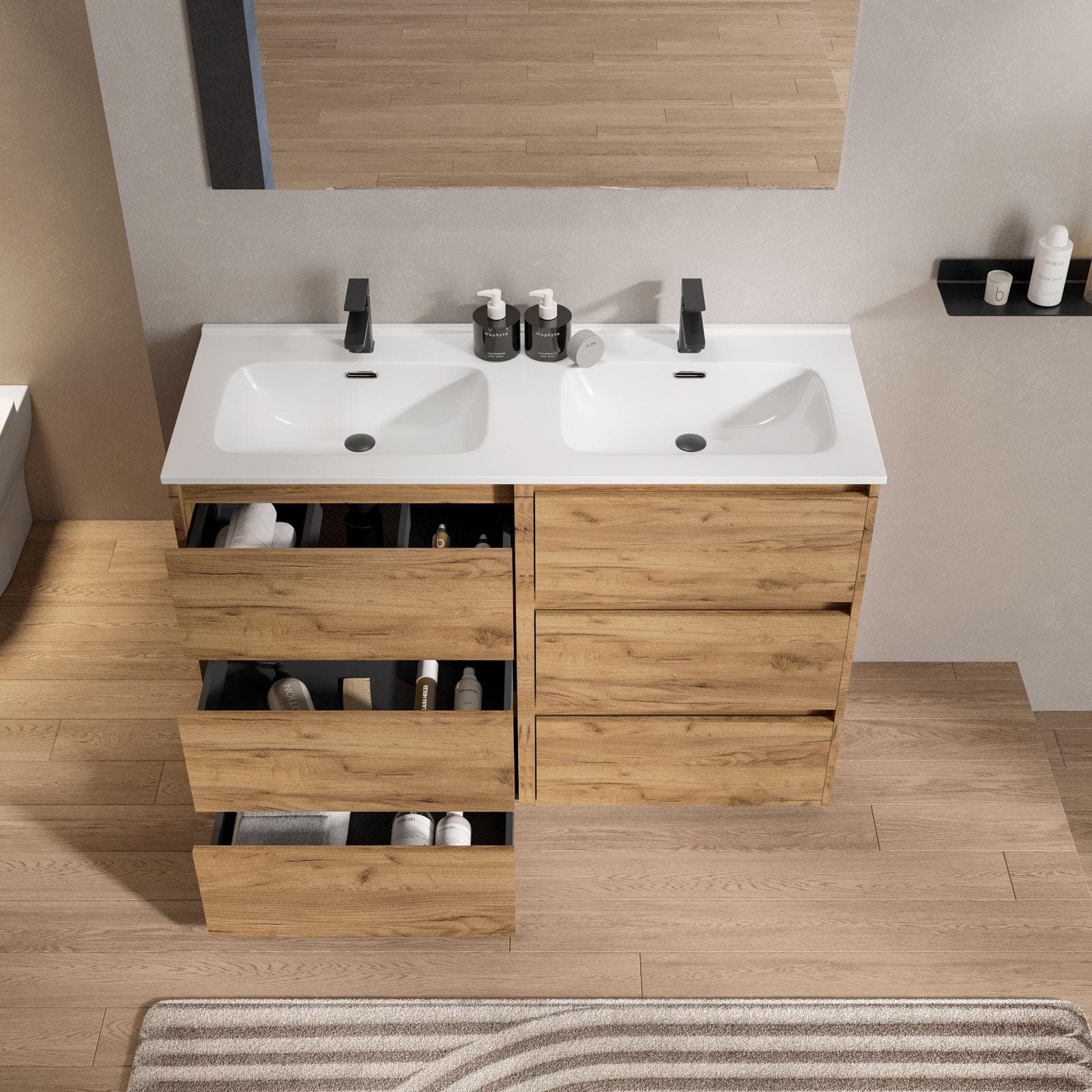 Mobile bagno a terra 120 cm con tre cassetti rovere africa con lavabo doppio e specchio - Libras