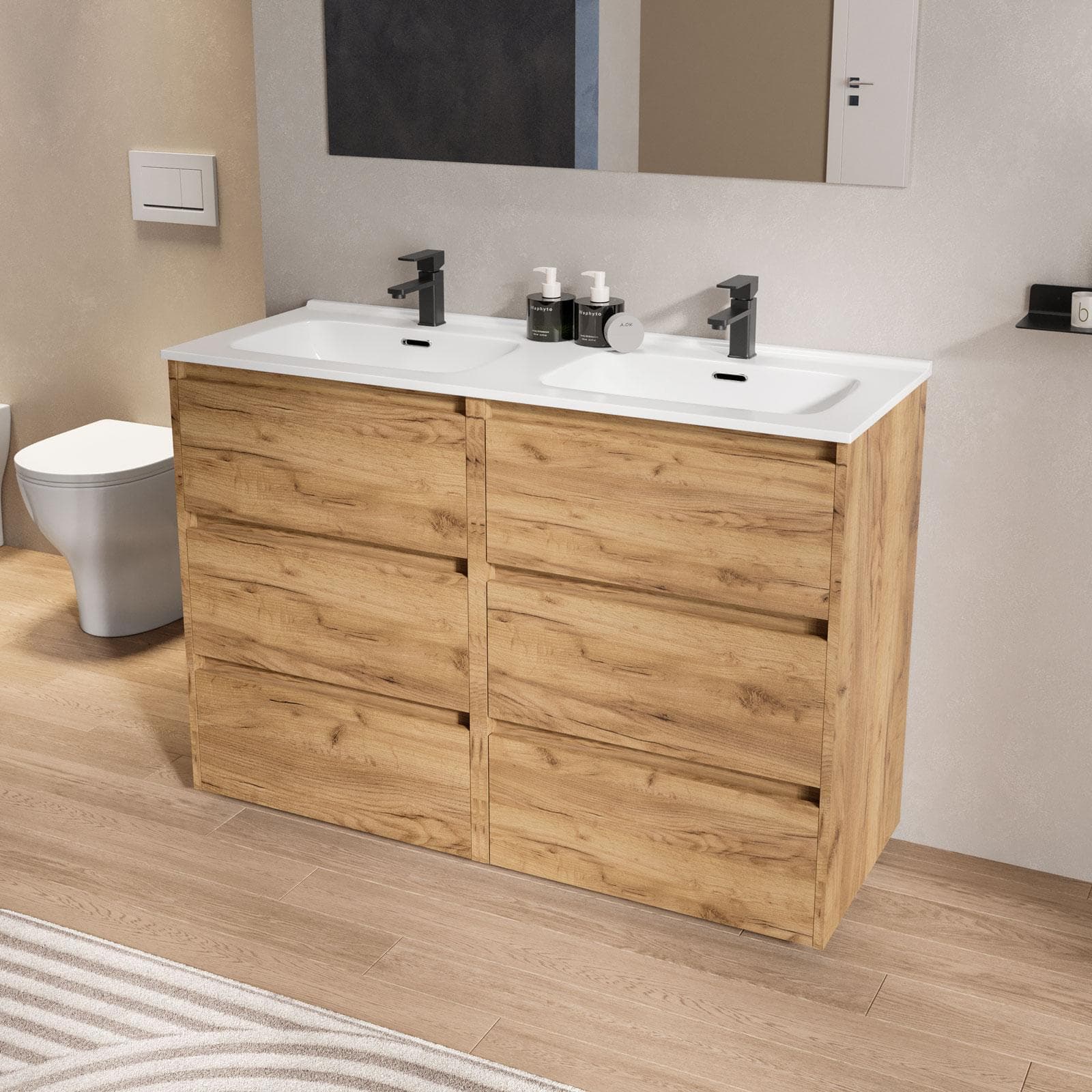 Mobile bagno a terra 120 cm con tre cassetti rovere africa con lavabo doppio e specchio - Libras