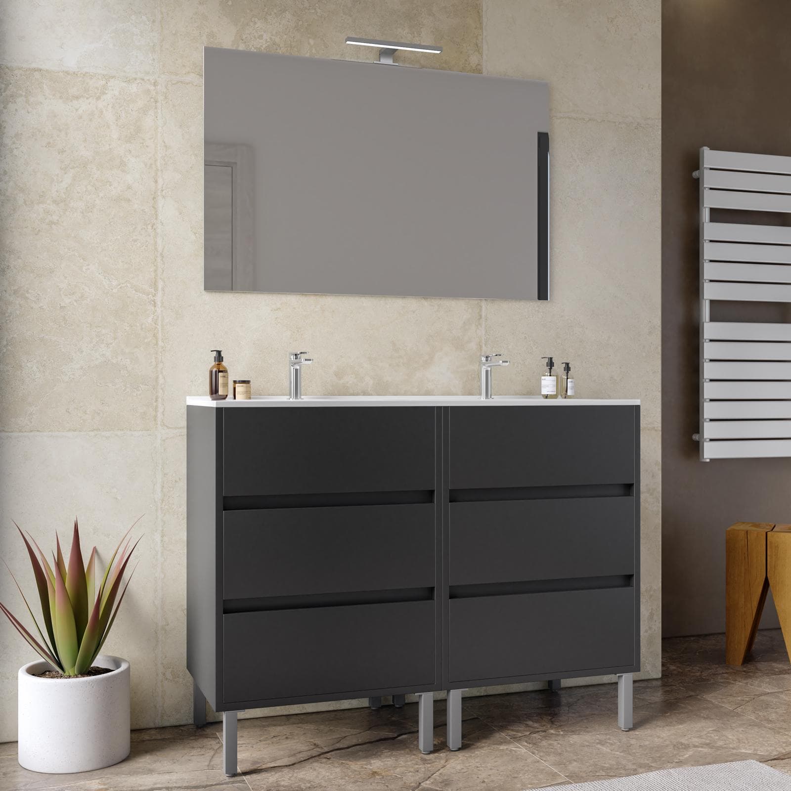 Mobile bagno a terra 120 cm antracite opaco con doppio lavabo e specchio - Calipso