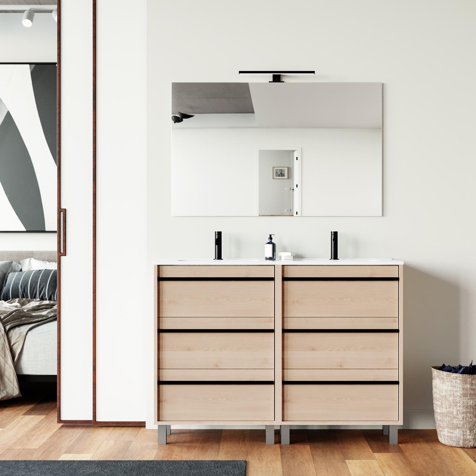 Mobile bagno a terra 120 cm rovere atlas con lavabo doppio e specchio - Maestro