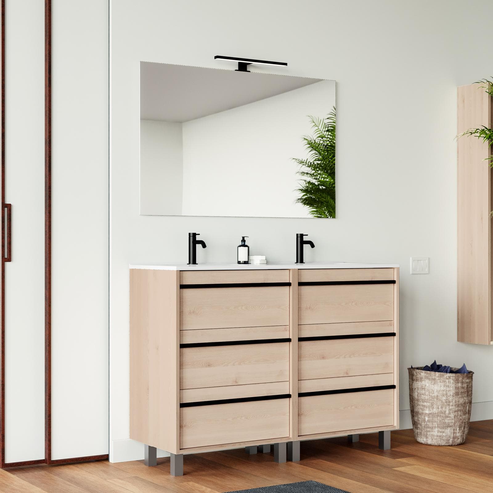Mobile bagno a terra 120 cm rovere atlas con lavabo doppio e specchio - Maestro