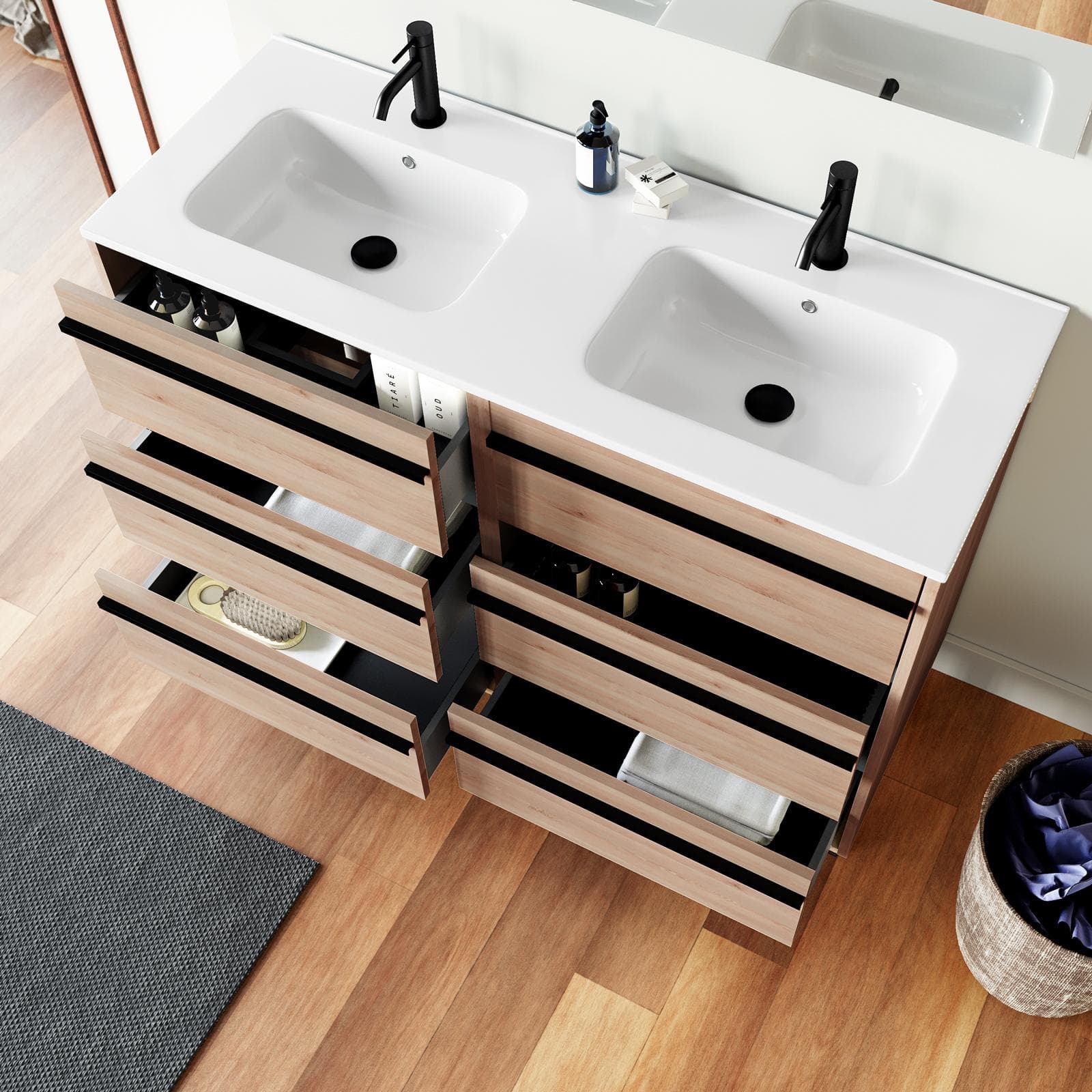 Mobile bagno a terra 120 cm rovere atlas con lavabo doppio e specchio - Maestro