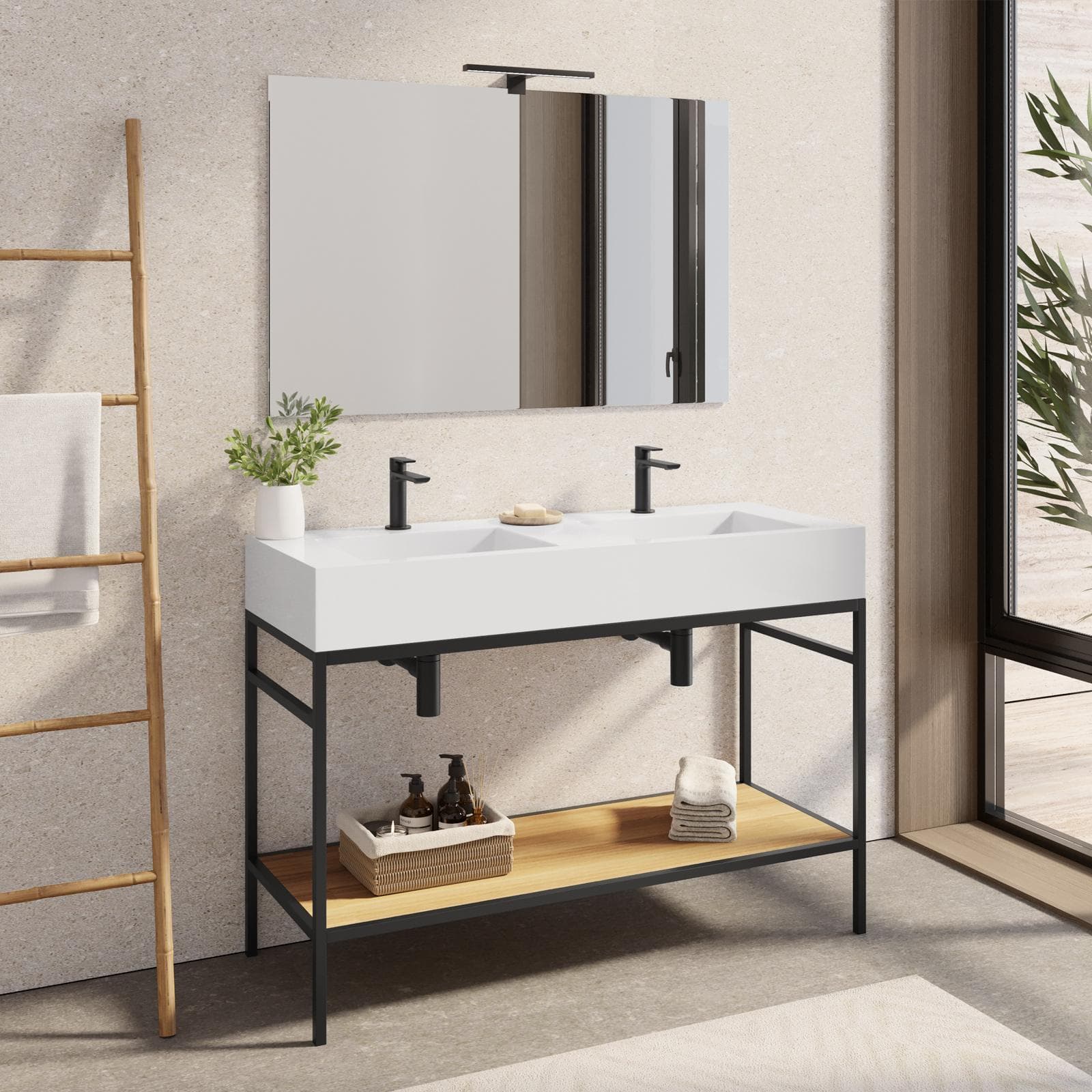 Mobile bagno a terra 120 cm nero e rovere con top lavabo doppio e specchio - Axis