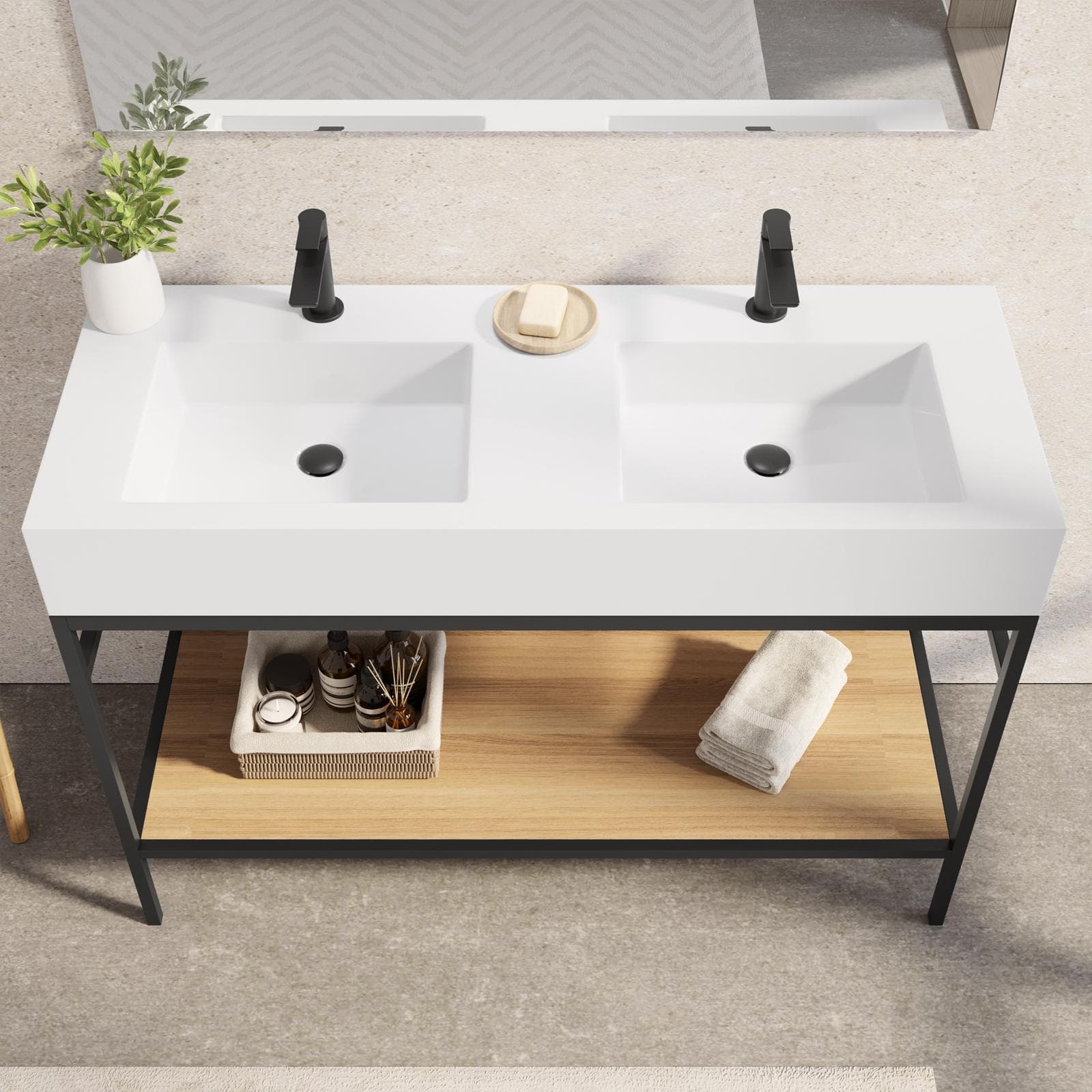 Mobile bagno a terra 120 cm nero e rovere con top lavabo doppio e specchio - Axis