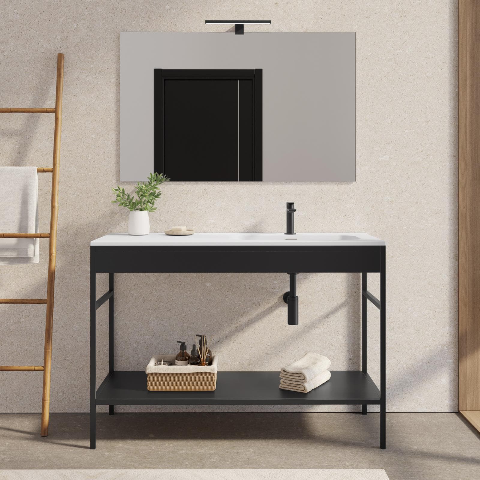Mobile bagno a terra 120 cm nero opaco con lavabo integrato dx e specchio - Axis