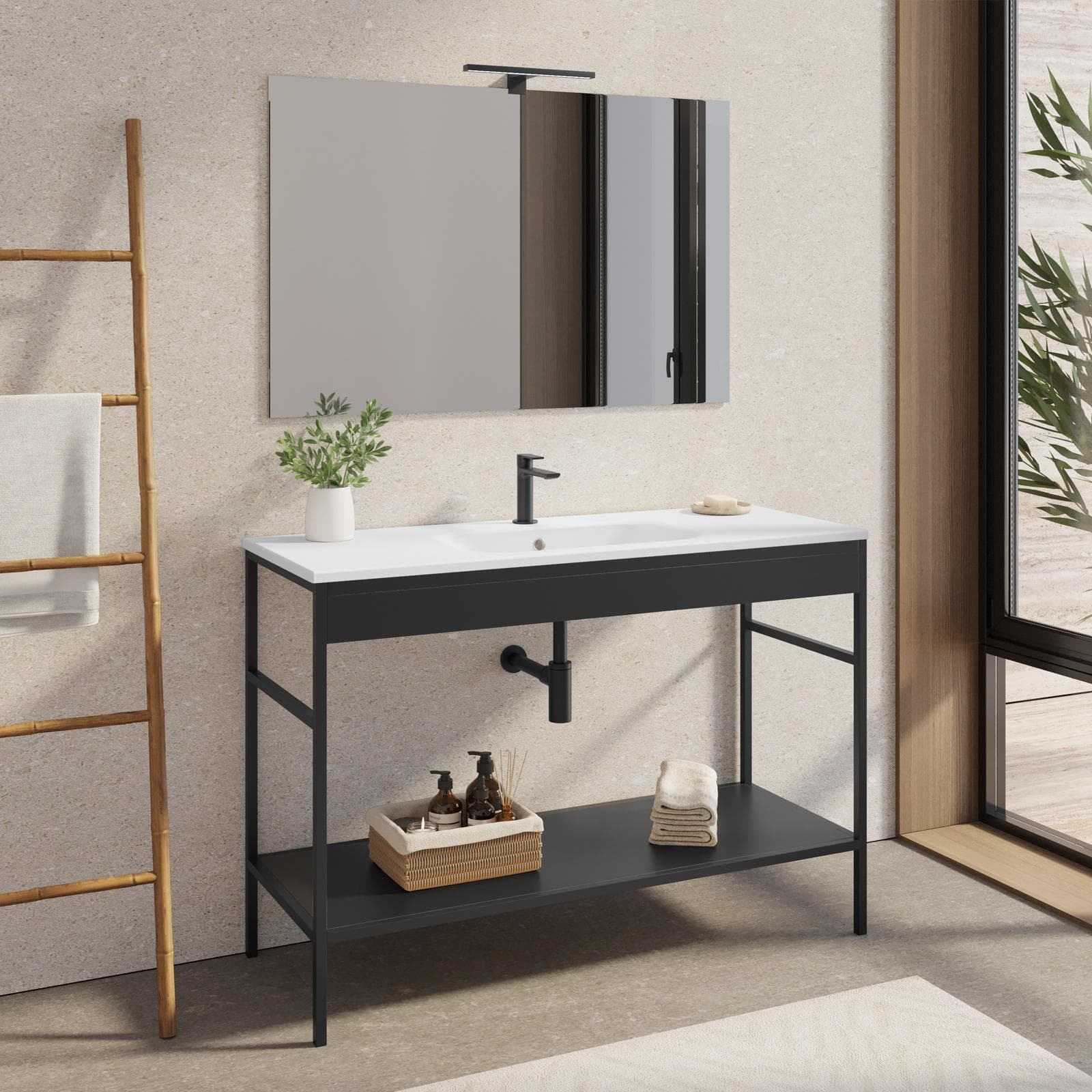 Mobile bagno a terra 120 cm nero opaco con lavabo integrato e specchio - Axis