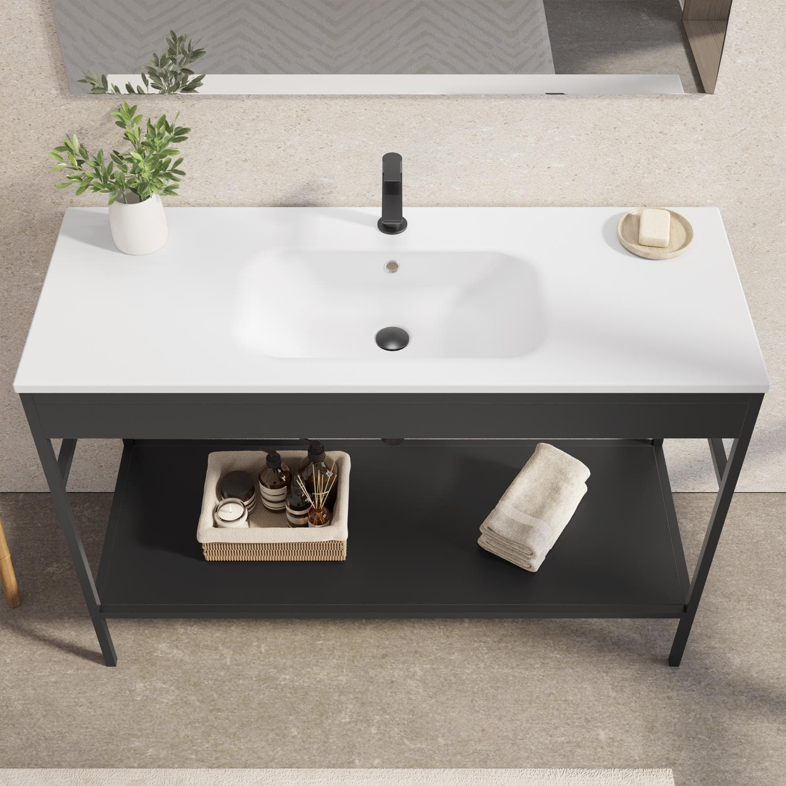 Mobile bagno a terra 120 cm nero opaco con lavabo integrato e specchio - Axis