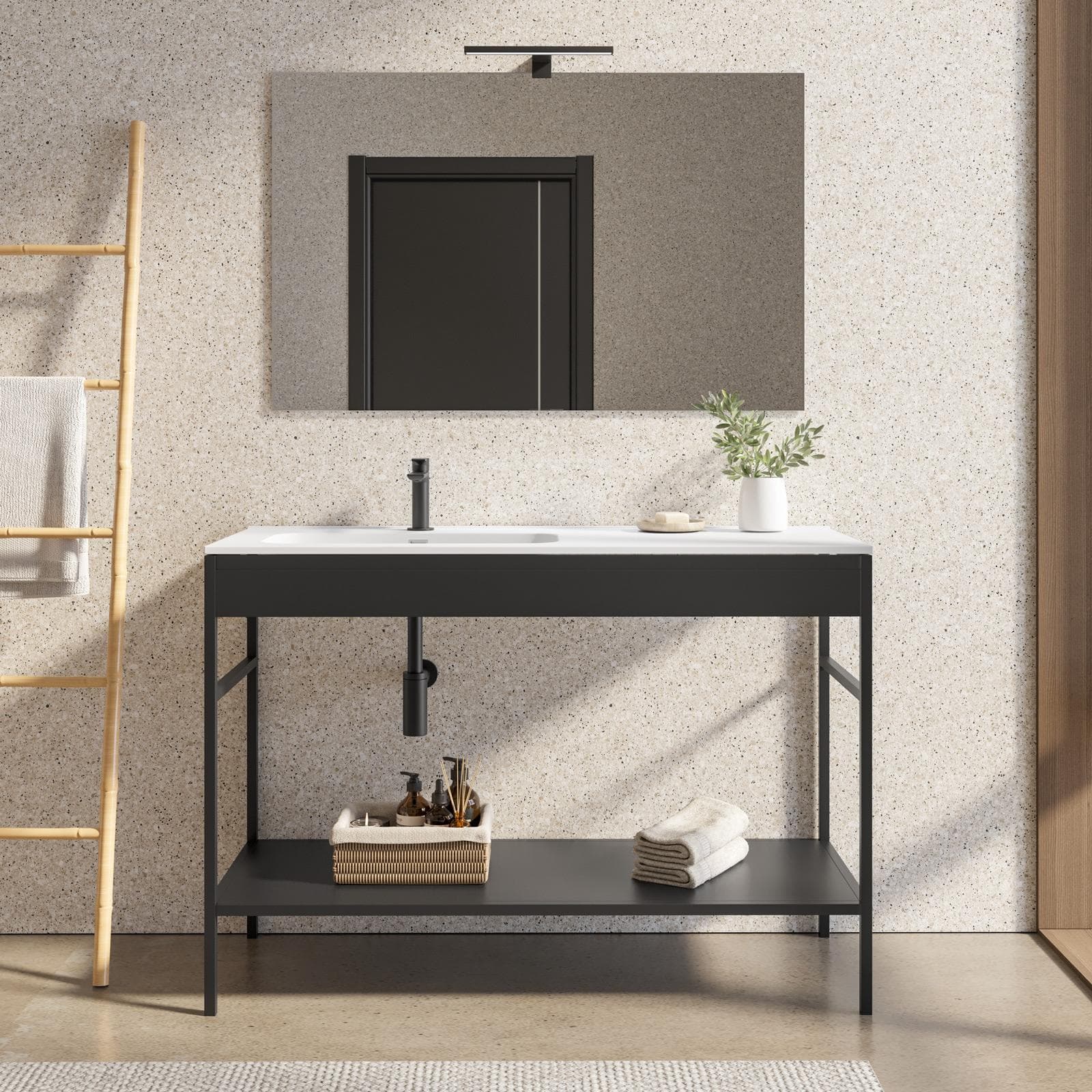 Mobile bagno a terra 120 cm nero opaco con lavabo integrato sx e specchio - Axis