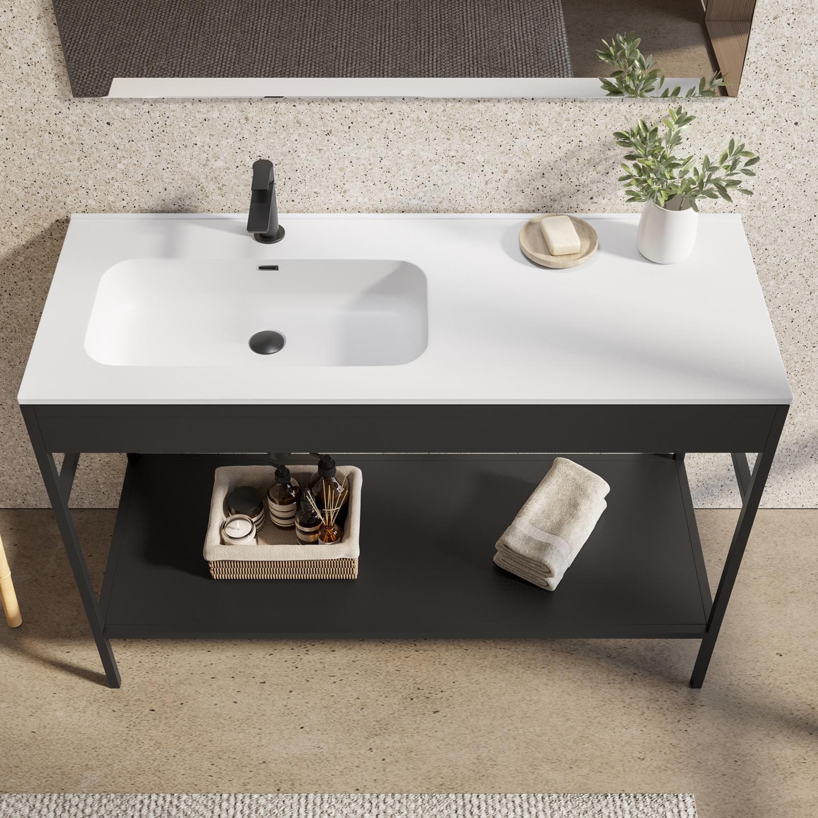 Mobile bagno a terra 120 cm nero opaco con lavabo integrato sx e specchio - Axis
