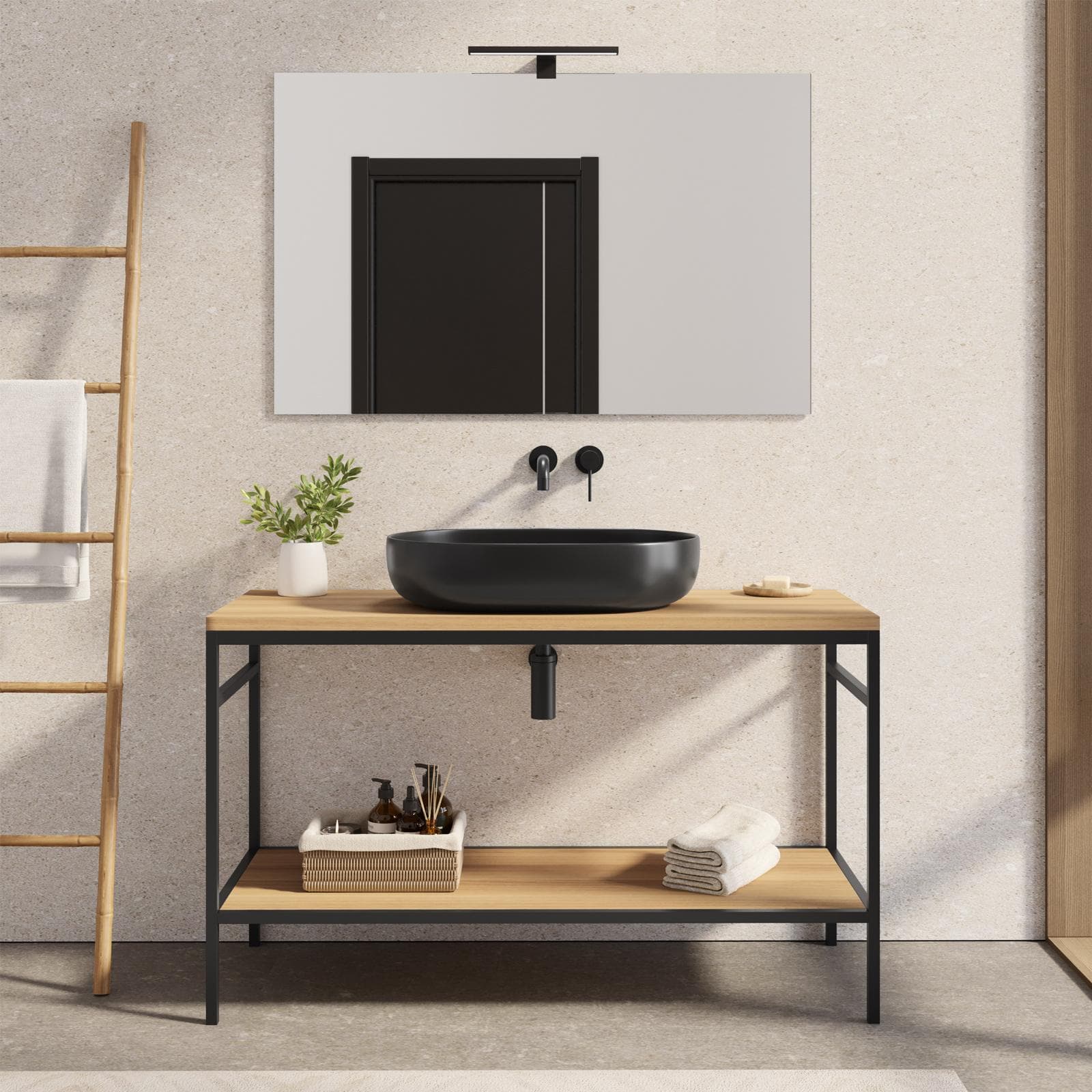 Mobile bagno a terra 120 cm portalavabo nero e rovere con specchio - Axis