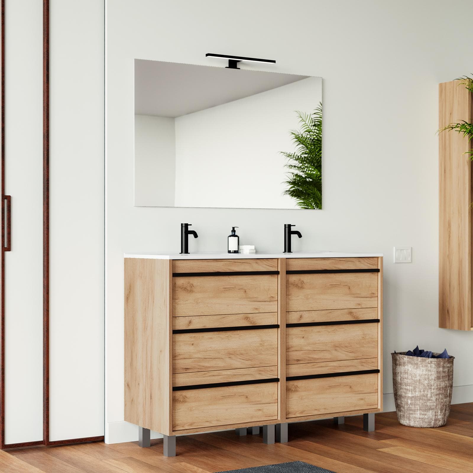 Mobile bagno a terra 120 cm rovere africa con lavabo doppio e specchio - Maestro