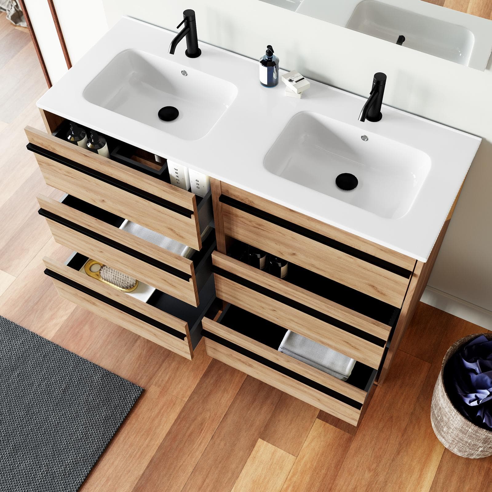 Mobile bagno a terra 120 cm rovere africa con lavabo doppio e specchio - Maestro