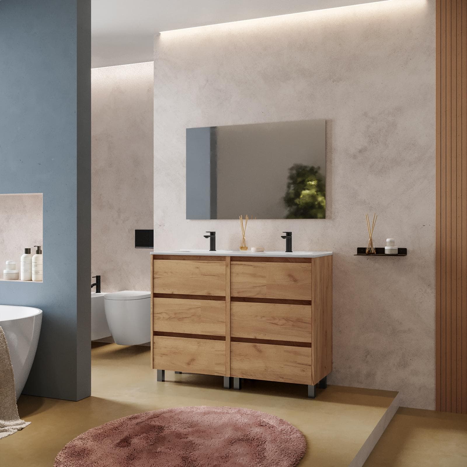 Mobile bagno a terra 120 cm rovere africa con lavabo doppio e specchio - Libras