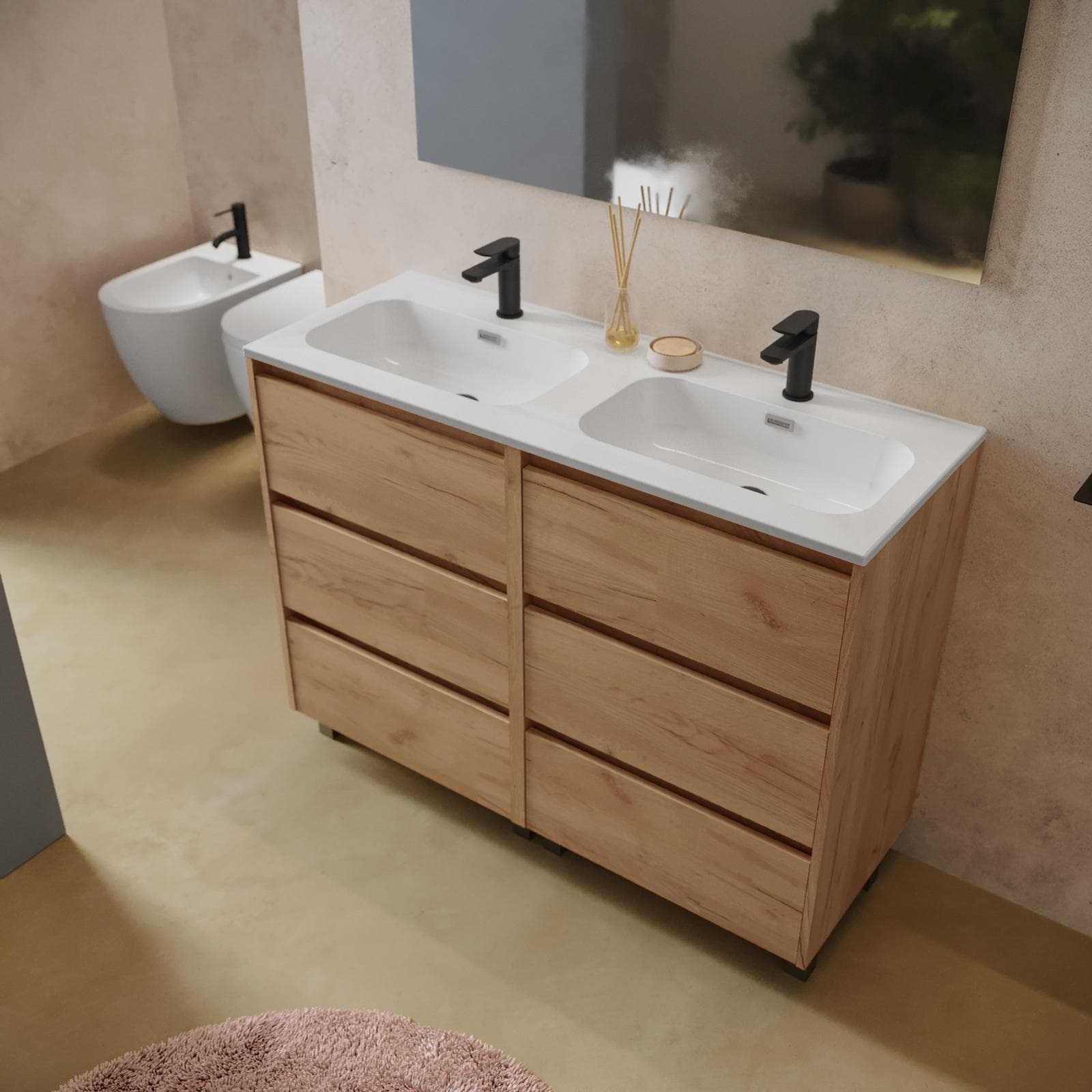 Mobile bagno a terra 120 cm rovere africa con lavabo doppio e specchio - Libras