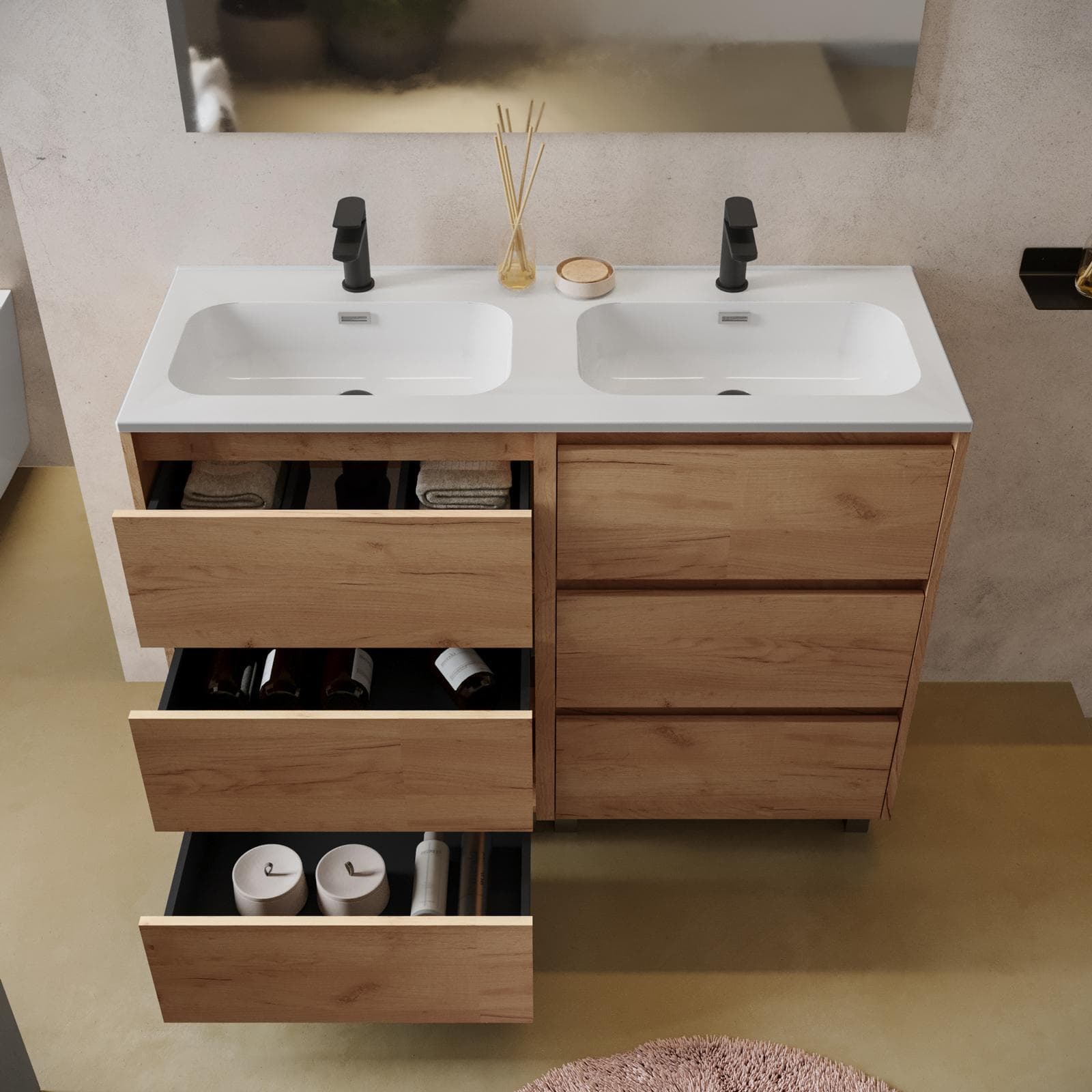Mobile bagno a terra 120 cm rovere africa con lavabo doppio e specchio - Libras