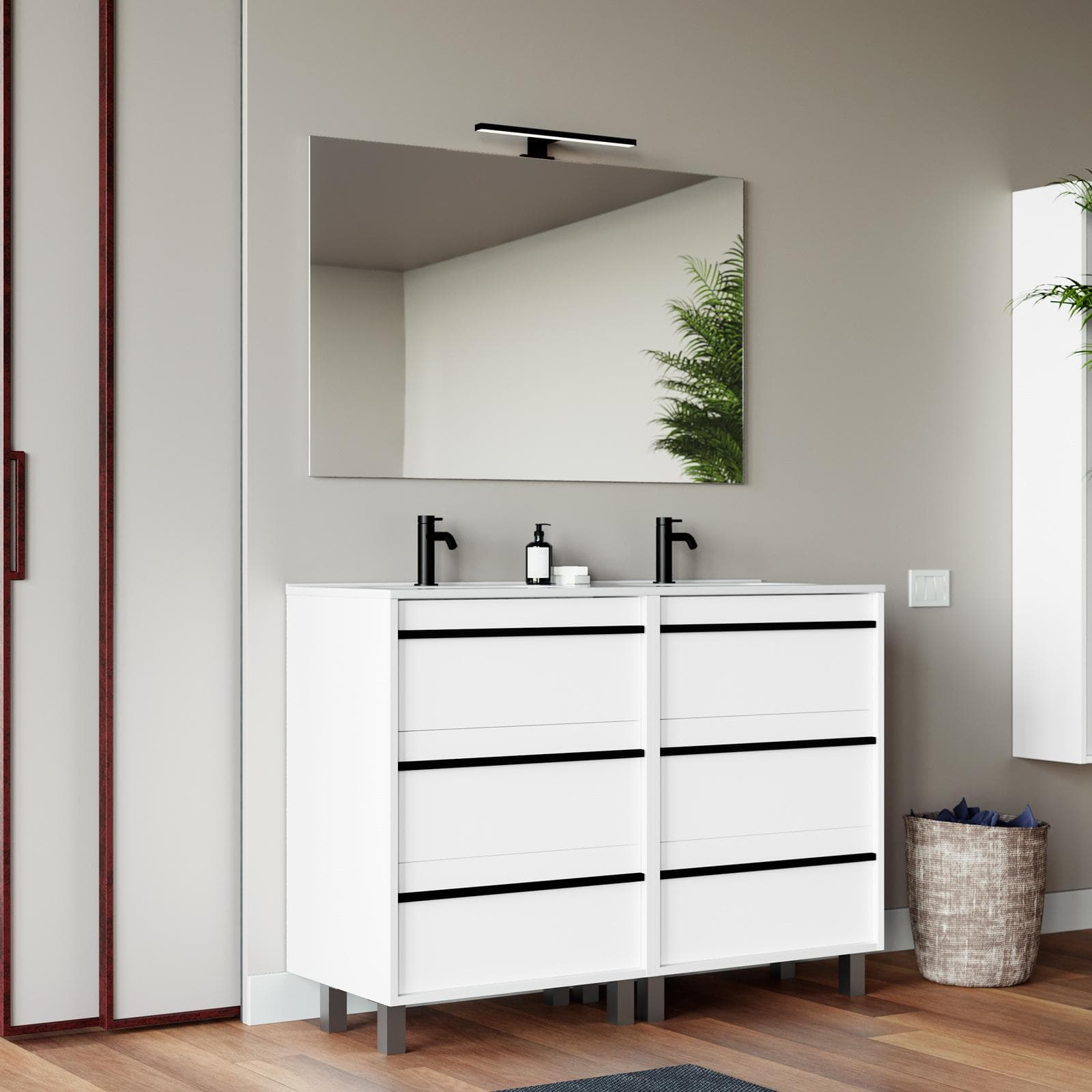 Mobile bagno a terra 120 cm white satinato con lavabo doppio e specchio - Maestro