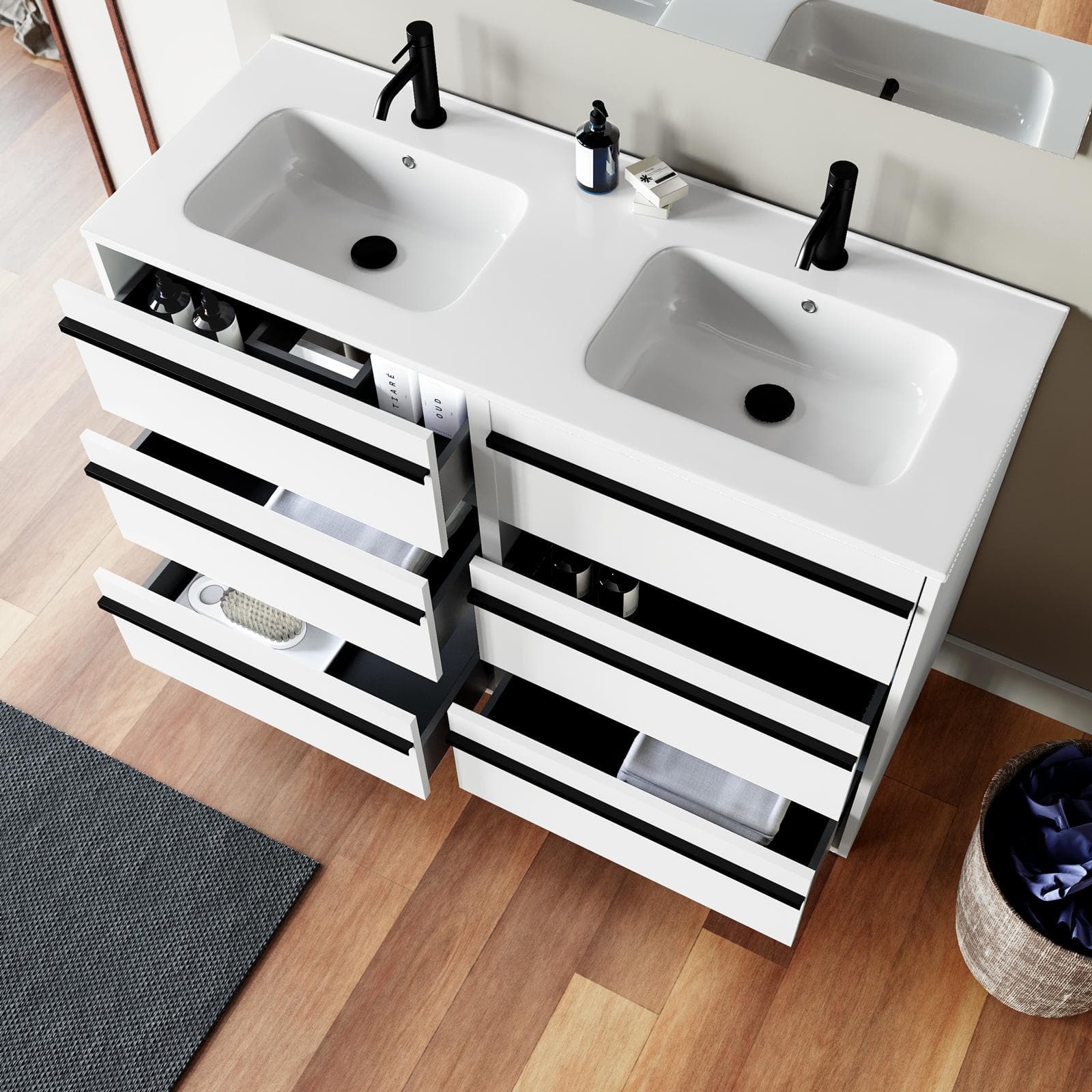 Mobile bagno a terra 120 cm white satinato con lavabo doppio e specchio - Maestro