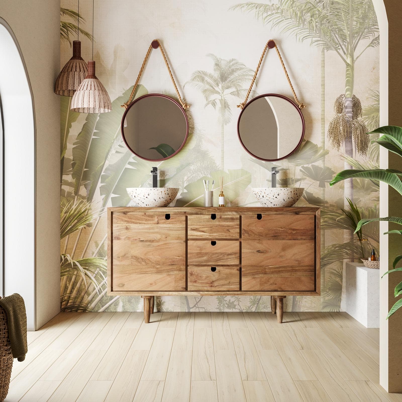 Mobile bagno a terra 145 cm portalavabo con ante a vani a giorno in legno di acacia - Kuna