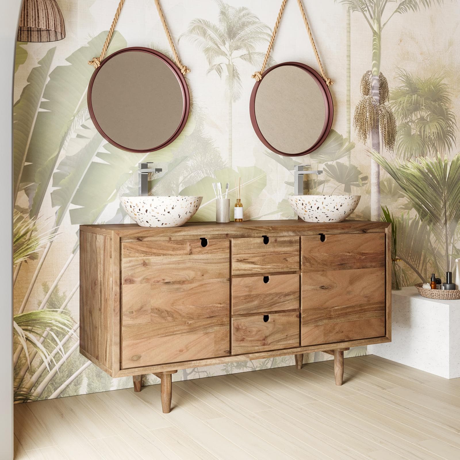 Mobile bagno a terra 145 cm portalavabo con ante a vani a giorno in legno di acacia - Kuna
